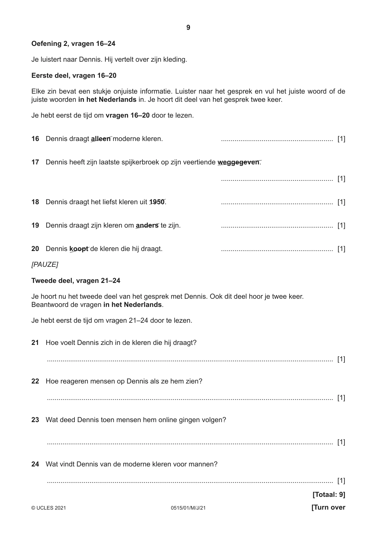 Cambridge IGCSE Dutch - Foreign Language 0515 2021 May/June Paper 1 · Variant 0 question paper, page 9 of 16