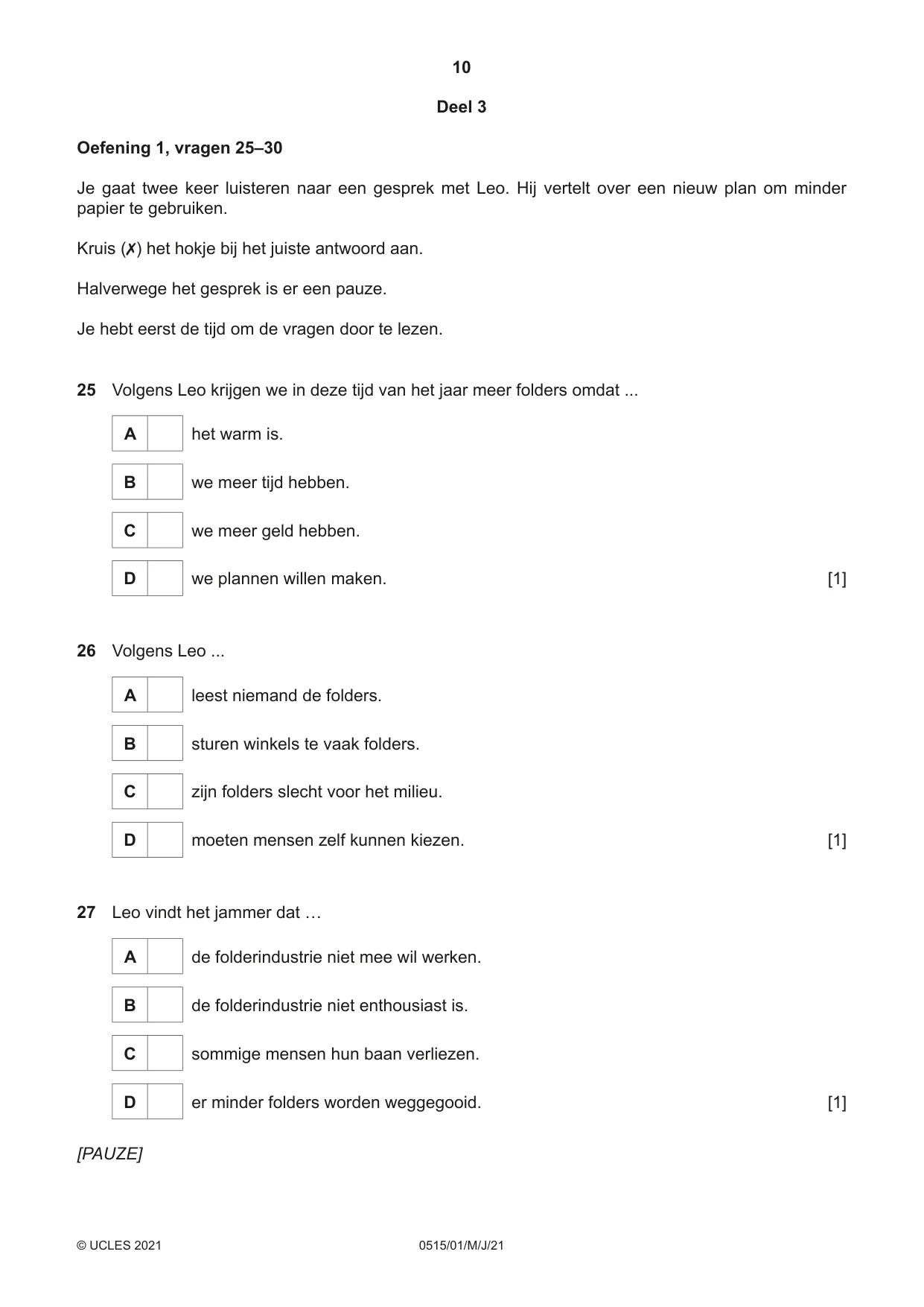 Cambridge IGCSE Dutch - Foreign Language 0515 2021 May/June Paper 1 · Variant 0 question paper, page 10 of 16