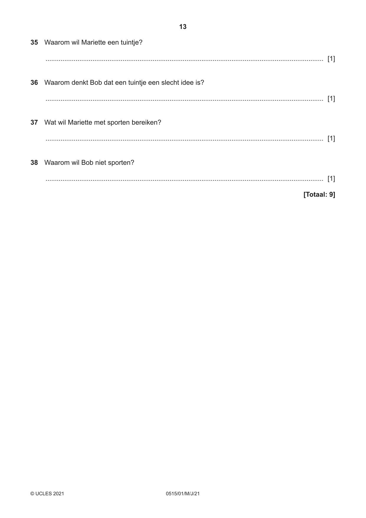 Cambridge IGCSE Dutch - Foreign Language 0515 2021 May/June Paper 1 · Variant 0 question paper, page 13 of 16