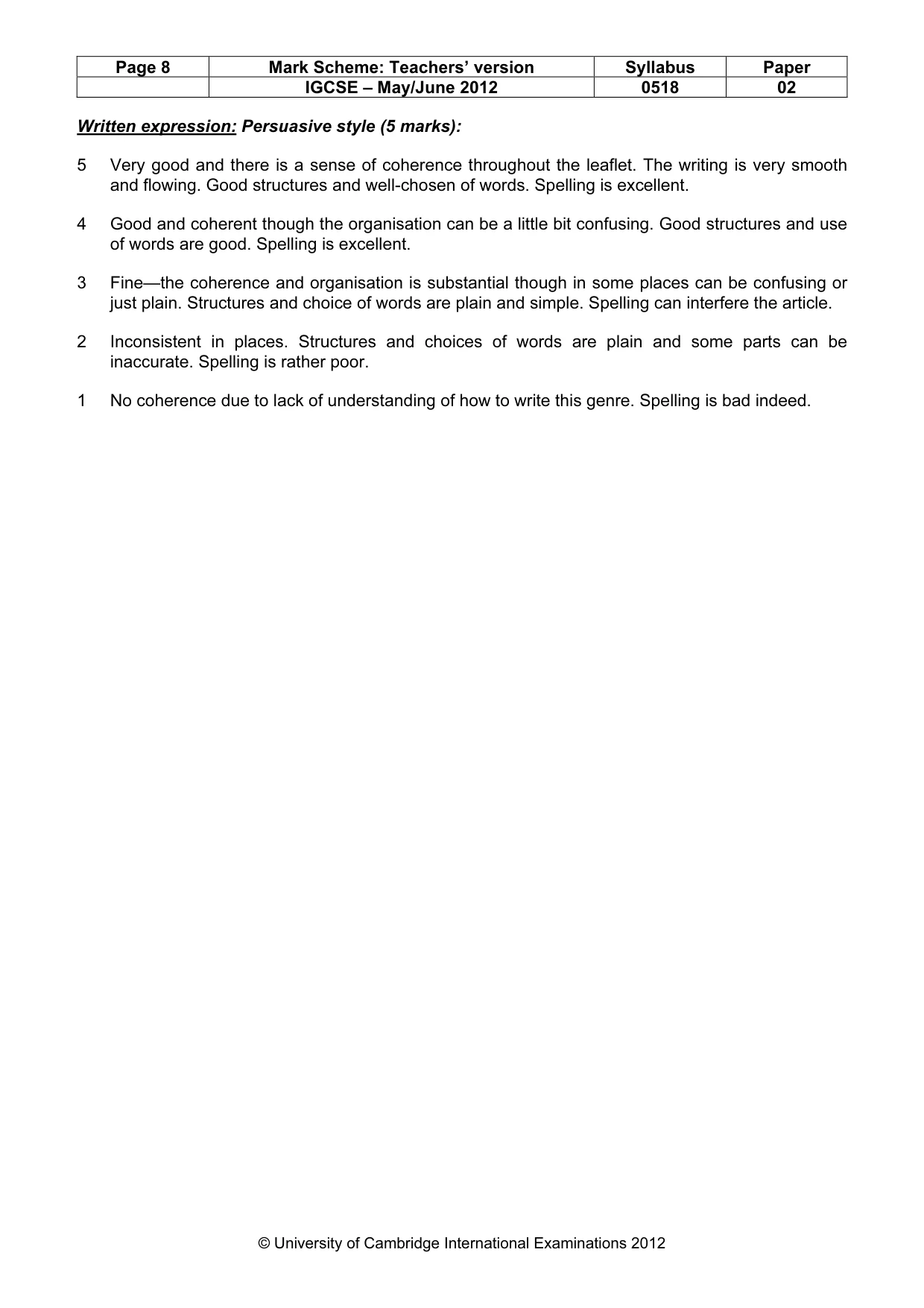 Mark scheme, page 8 of 10