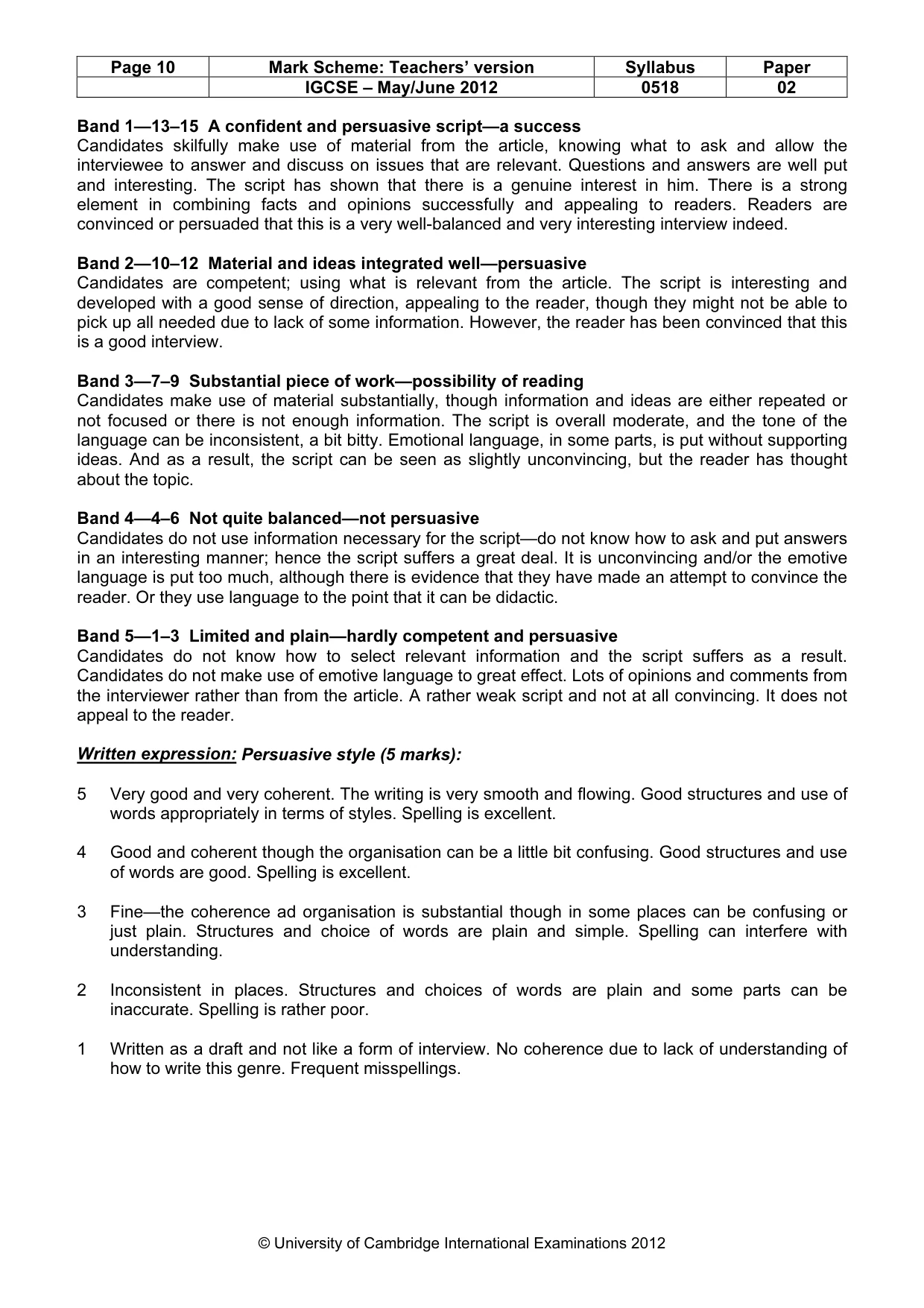 Mark scheme, page 10 of 10