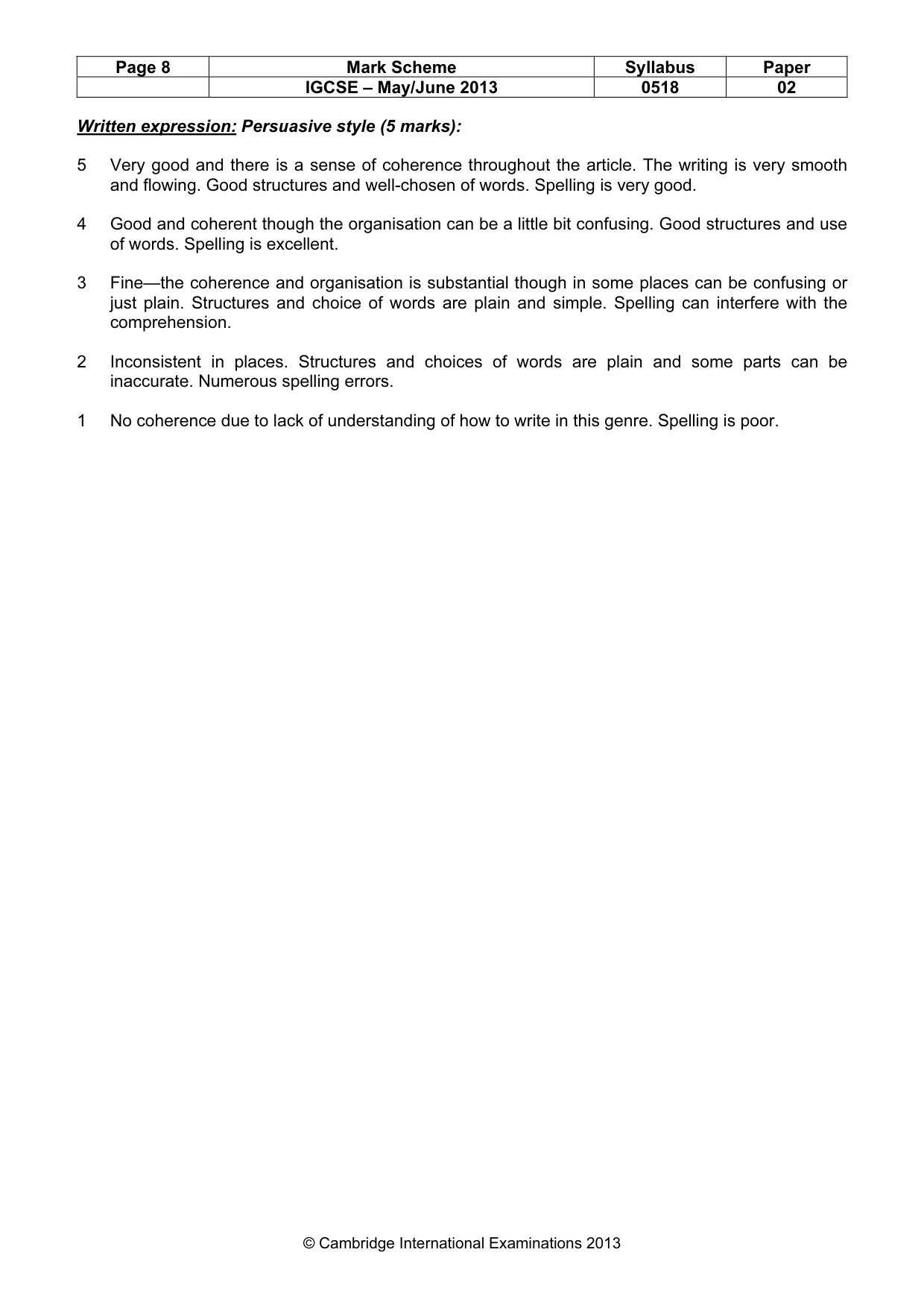 Mark scheme, page 8 of 8