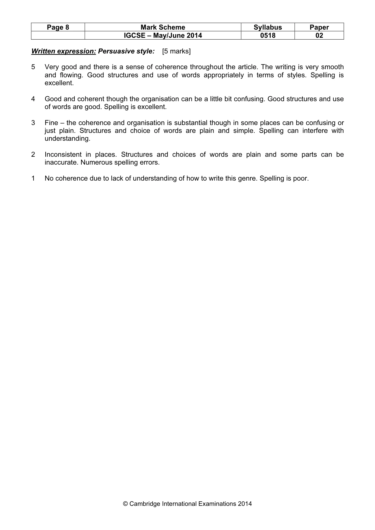 Mark scheme, page 8 of 8