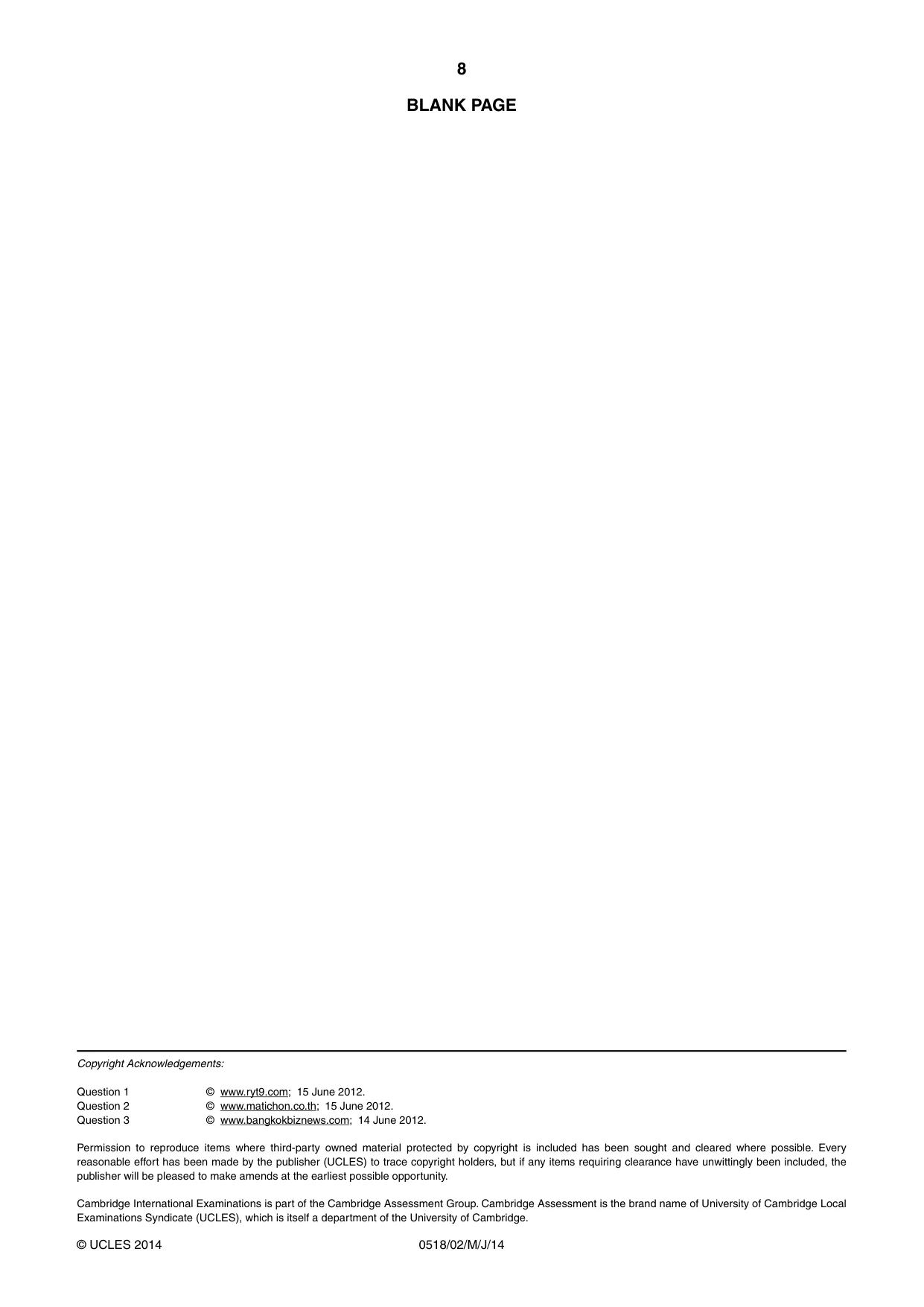 Cambridge IGCSE Thai - First Language 0518 2014 May/June Paper 2 · Variant 1 question paper, page 8 of 8