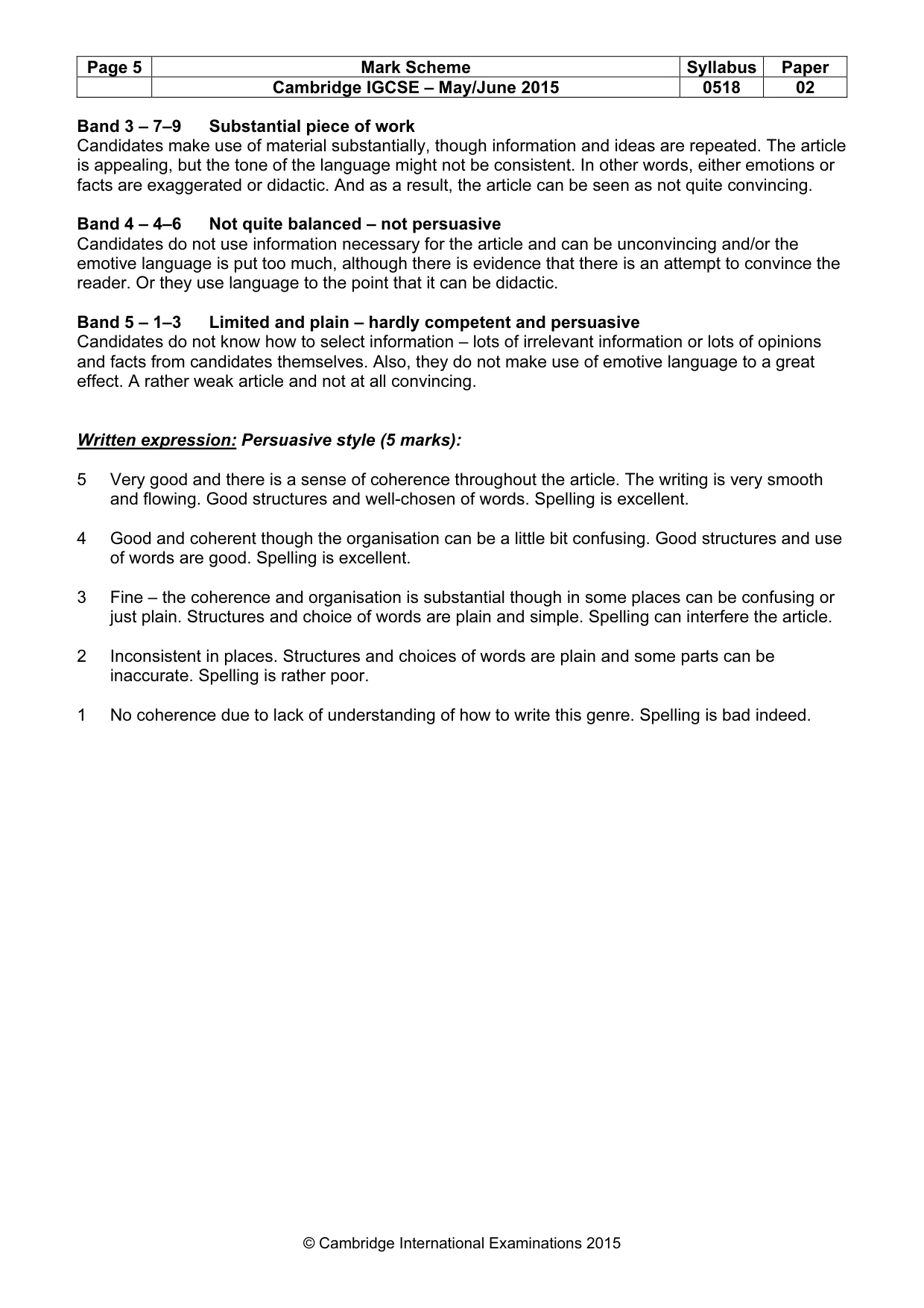 Mark scheme, page 5 of 7