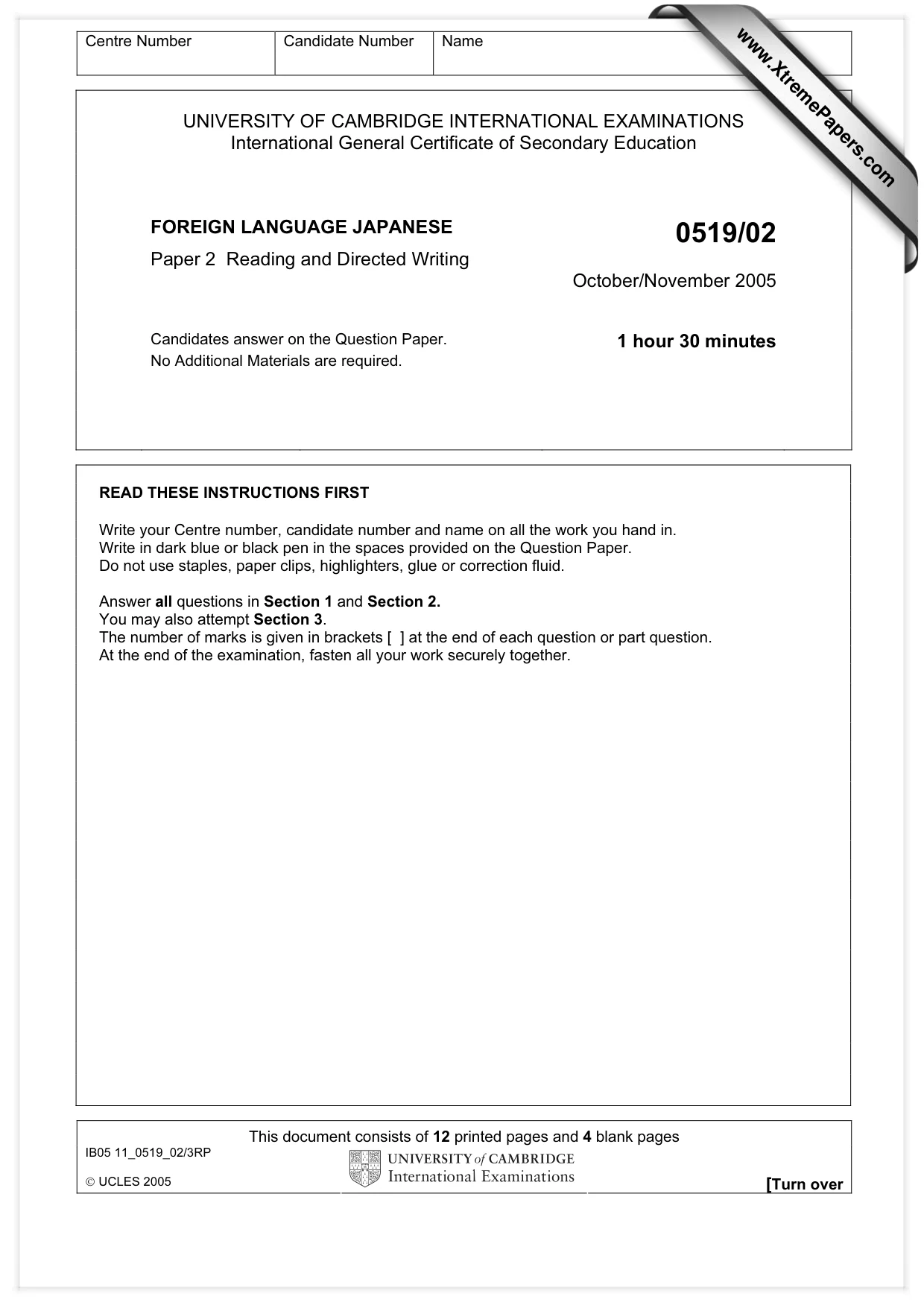 Cambridge IGCSE Japanese - Foreign Language 0519 2005 Oct/Nov Paper 2 · Variant 1 question paper, page 1 of 16