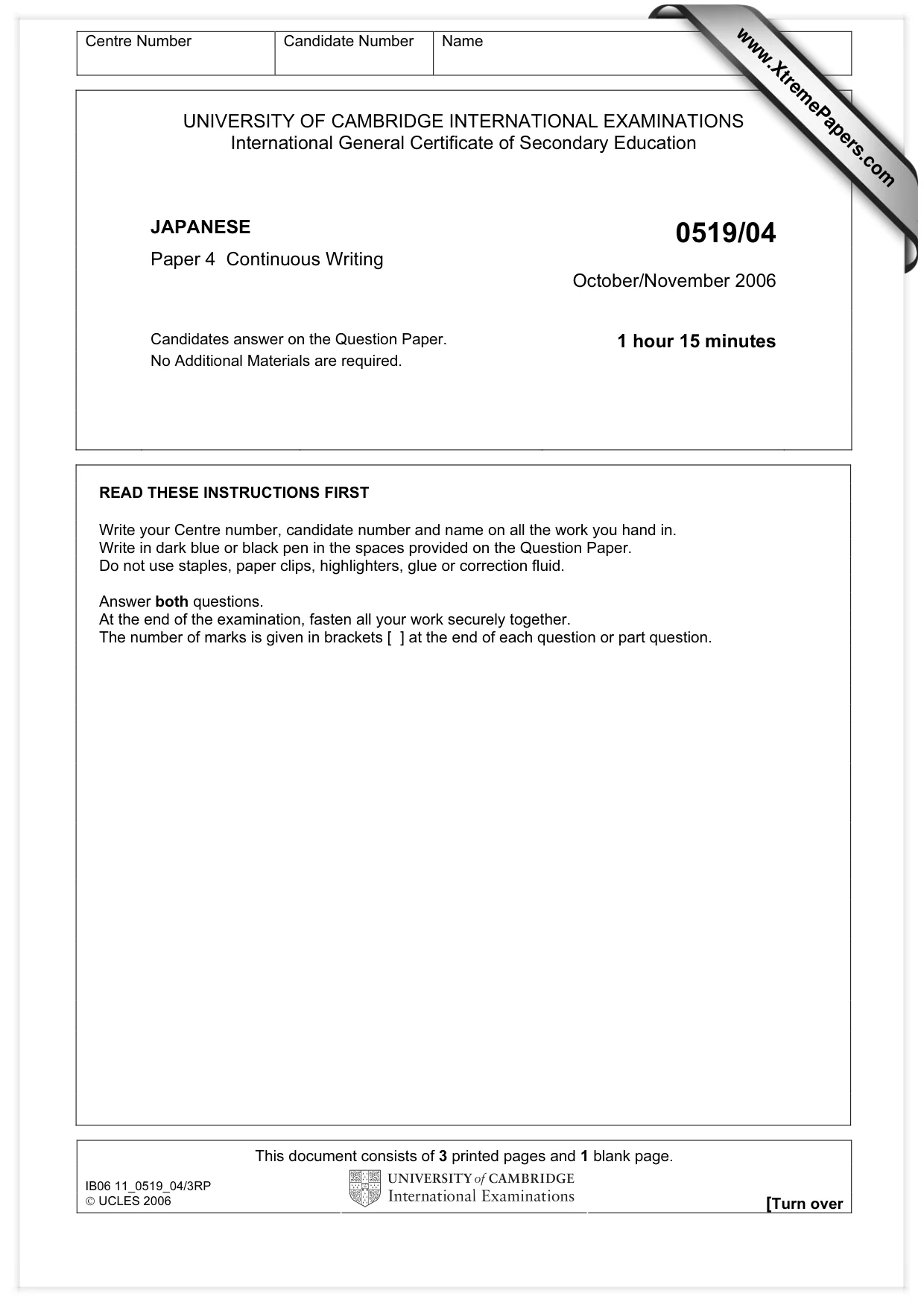 Cambridge IGCSE Japanese - Foreign Language 0519 2006 Oct/Nov Paper 4 · Variant 1 question paper, page 1 of 4