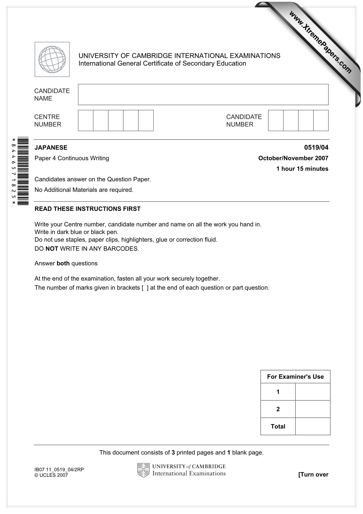 Cambridge IGCSE Japanese - Foreign Language 0519 2007 Oct/Nov Paper 4 · Variant 1 question paper, page 1 of 4