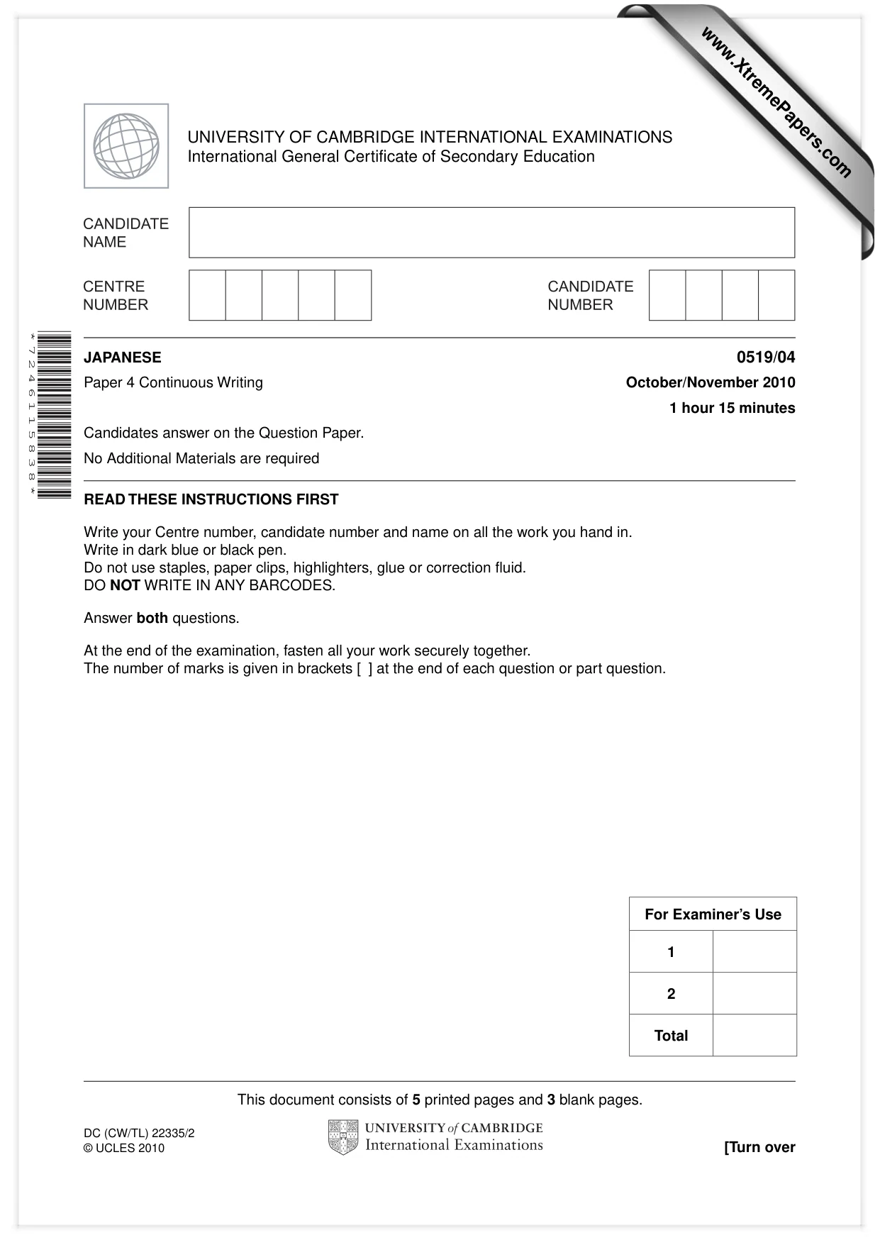 Cambridge IGCSE Japanese - Foreign Language 0519 2010 Oct/Nov Paper 4 · Variant 1 question paper, page 1 of 8