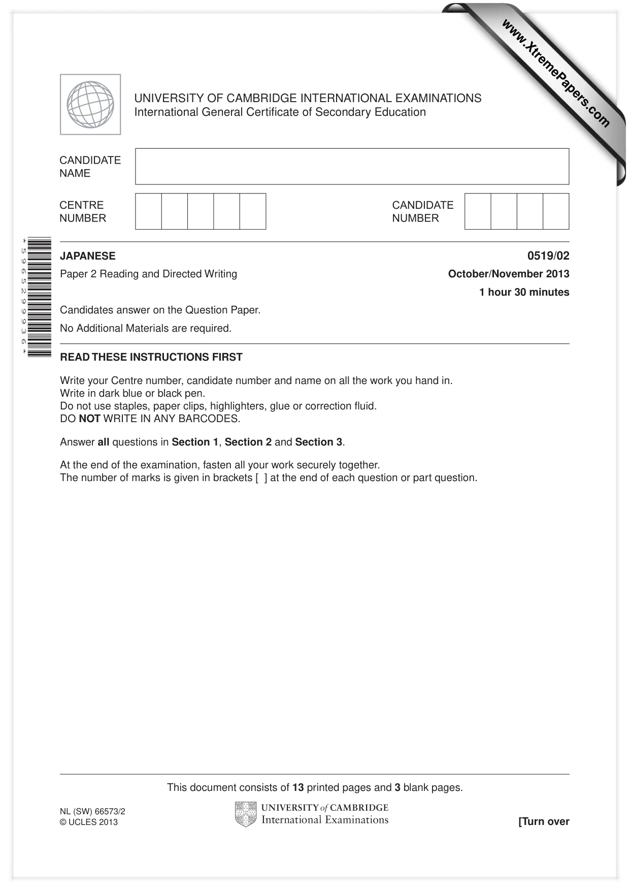 Cambridge IGCSE Japanese - Foreign Language 0519 2013 Oct/Nov Paper 2 · Variant 1 question paper, page 1 of 16