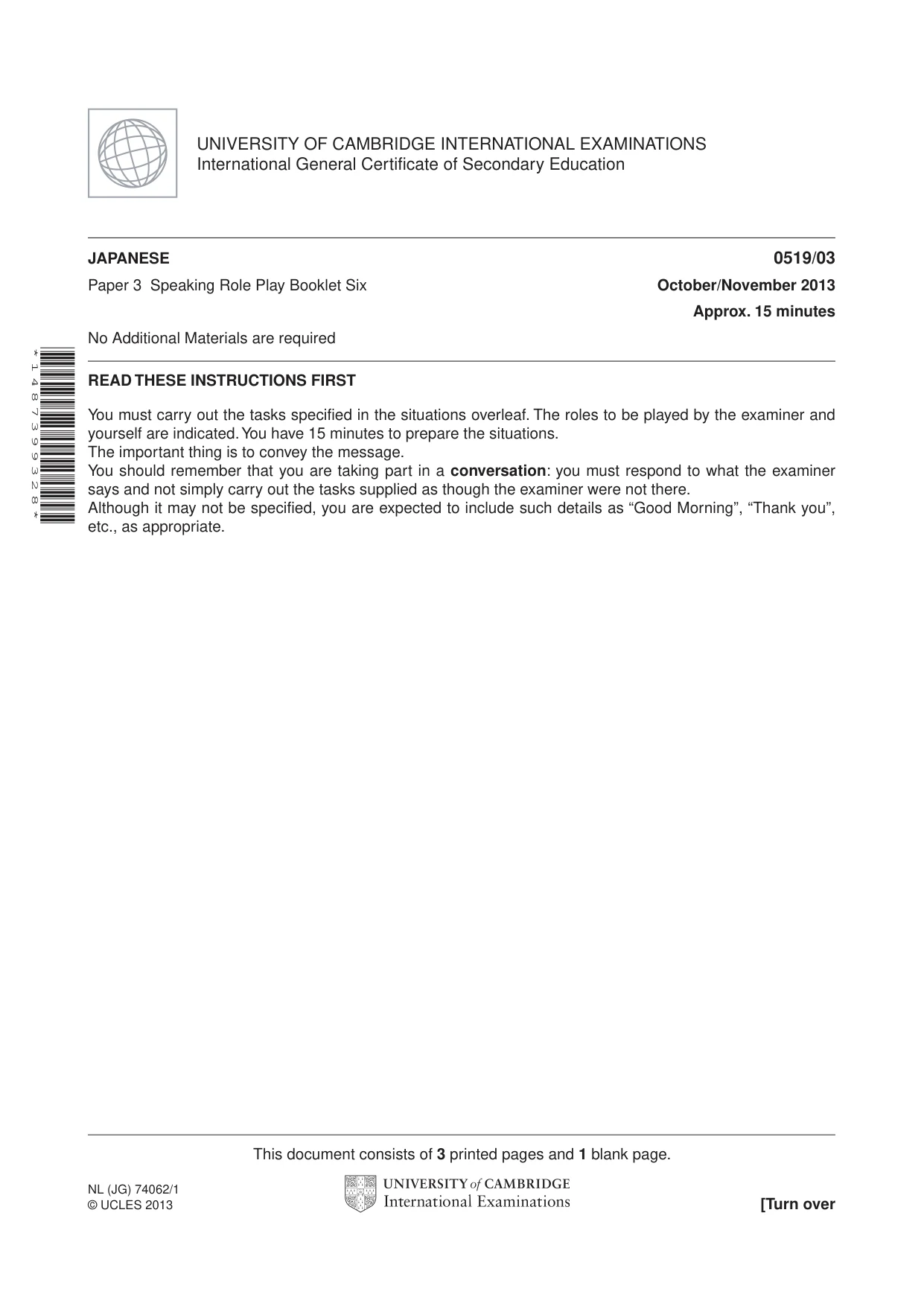 Cambridge IGCSE Japanese - Foreign Language 0519 2013 Oct/Nov Paper 3 · Variant 1 question paper, page 21 of 36