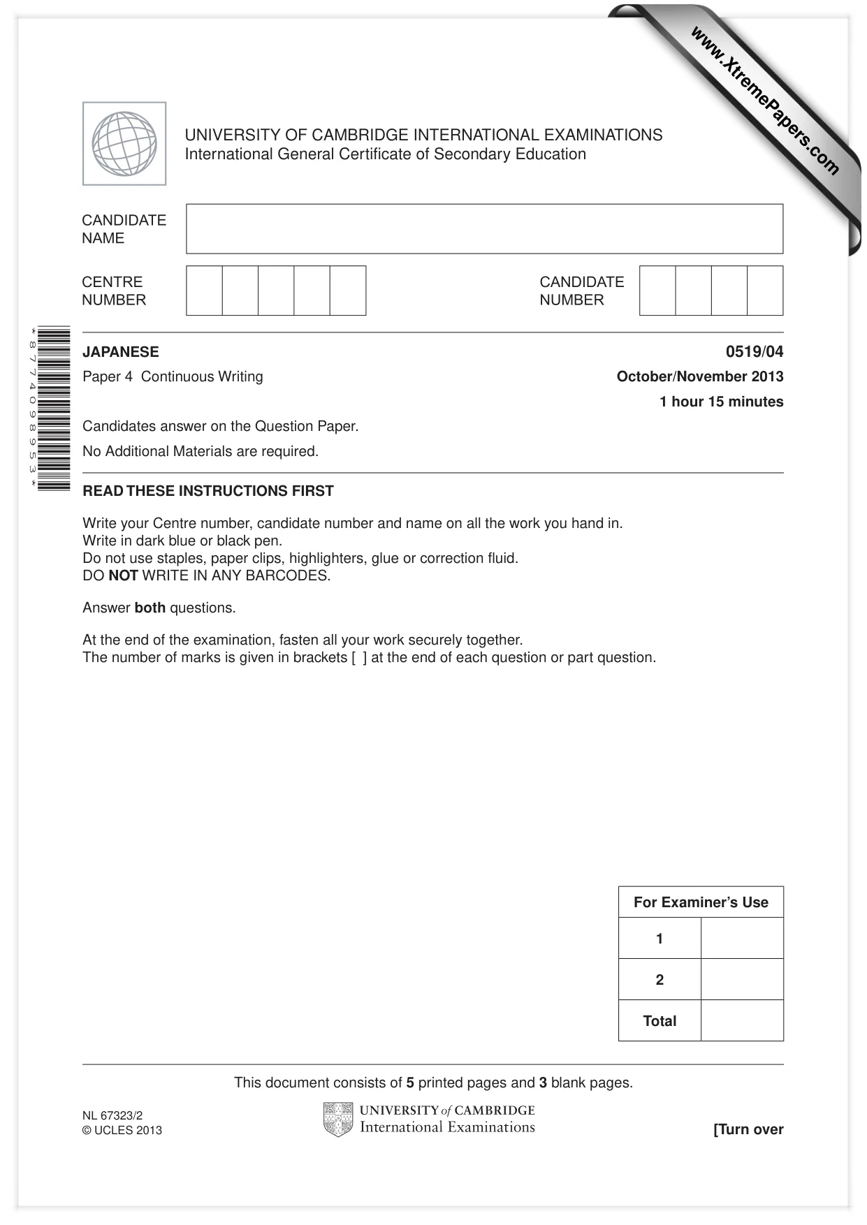 Cambridge IGCSE Japanese - Foreign Language 0519 2013 Oct/Nov Paper 4 · Variant 1 question paper, page 1 of 8