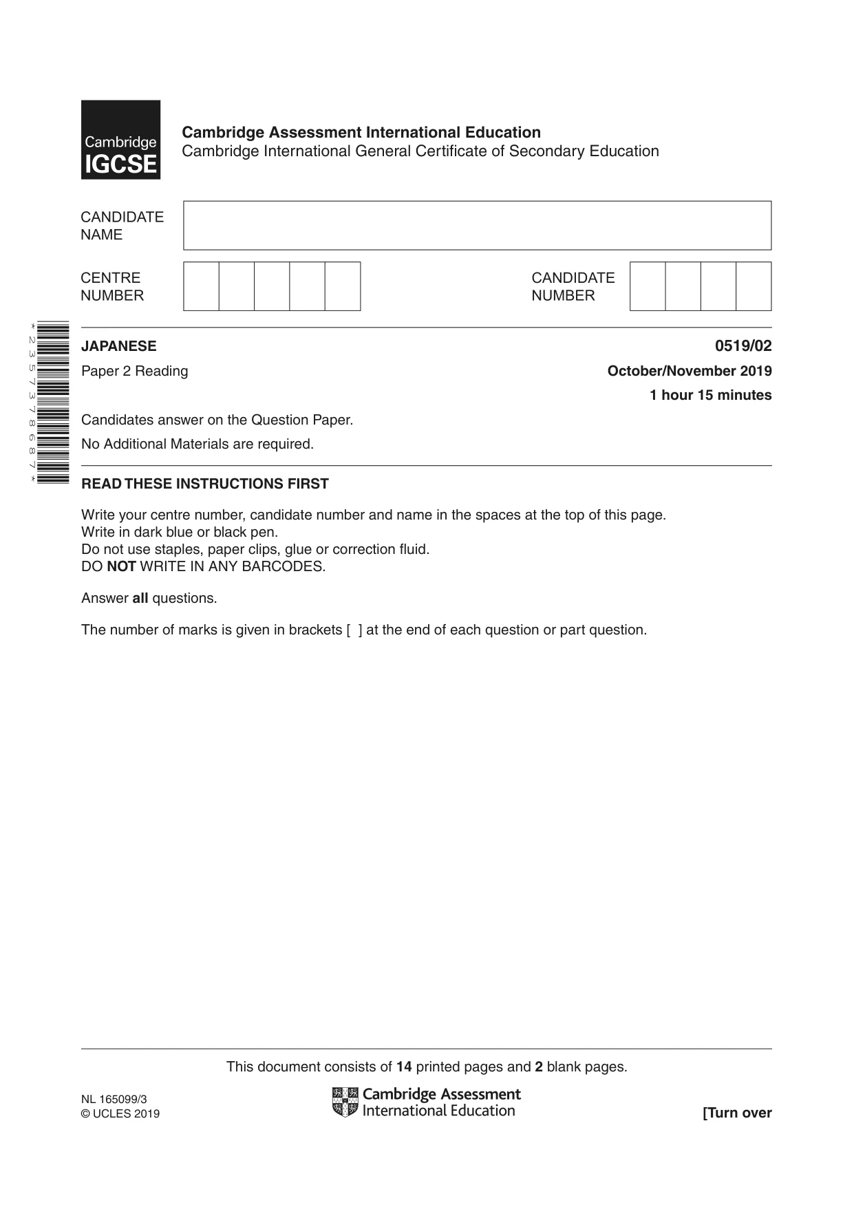 Cambridge IGCSE Japanese - Foreign Language 0519 2019 Oct/Nov Paper 2 · Variant 1 question paper, page 1 of 16