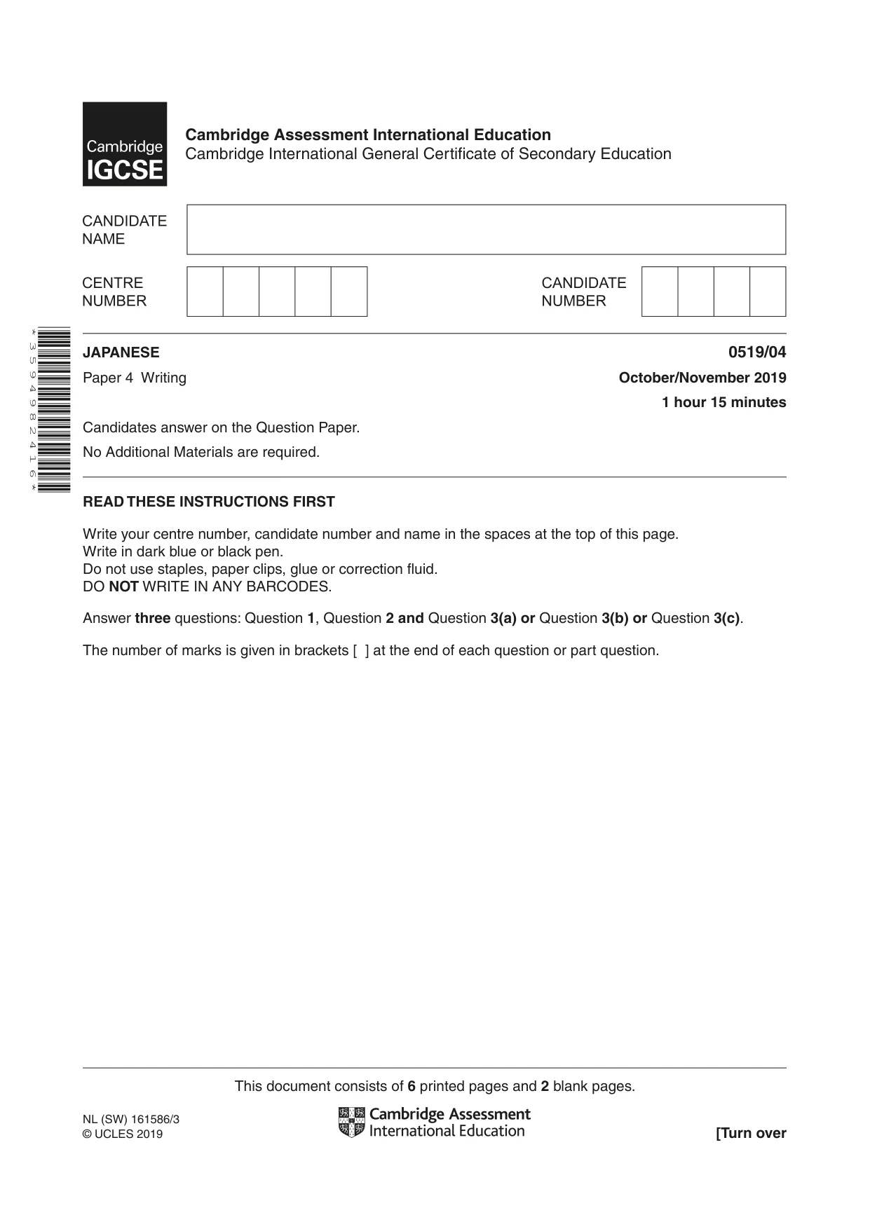 Cambridge IGCSE Japanese - Foreign Language 0519 2019 Oct/Nov Paper 4 · Variant 1 question paper, page 1 of 8