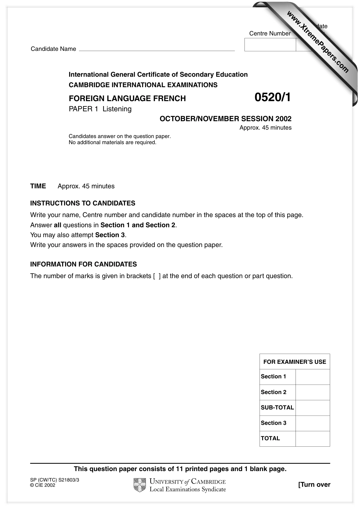 Cambridge IGCSE French - Foreign Language 0520 2002 Oct/Nov Paper 1 · Variant 1 question paper, page 1 of 12