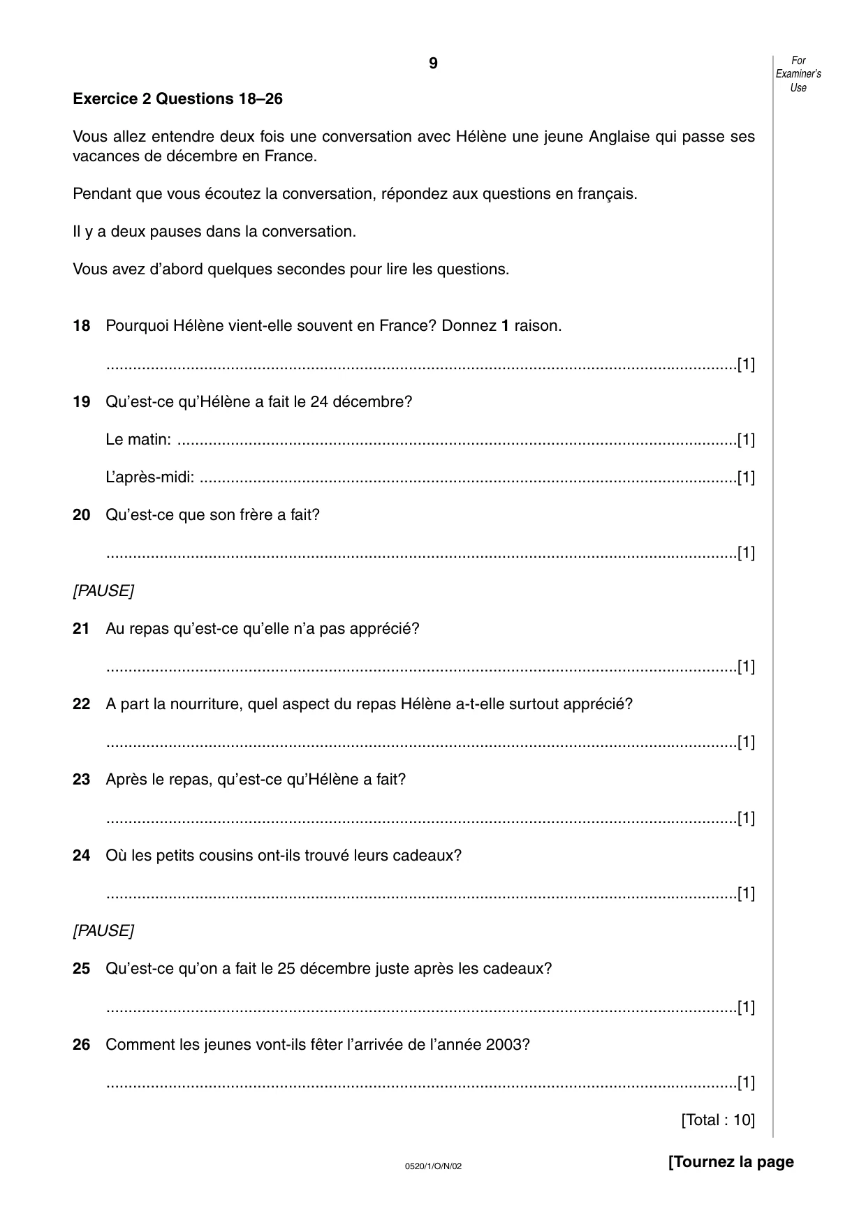 Cambridge IGCSE French - Foreign Language 0520 2002 Oct/Nov Paper 1 · Variant 1 question paper, page 9 of 12