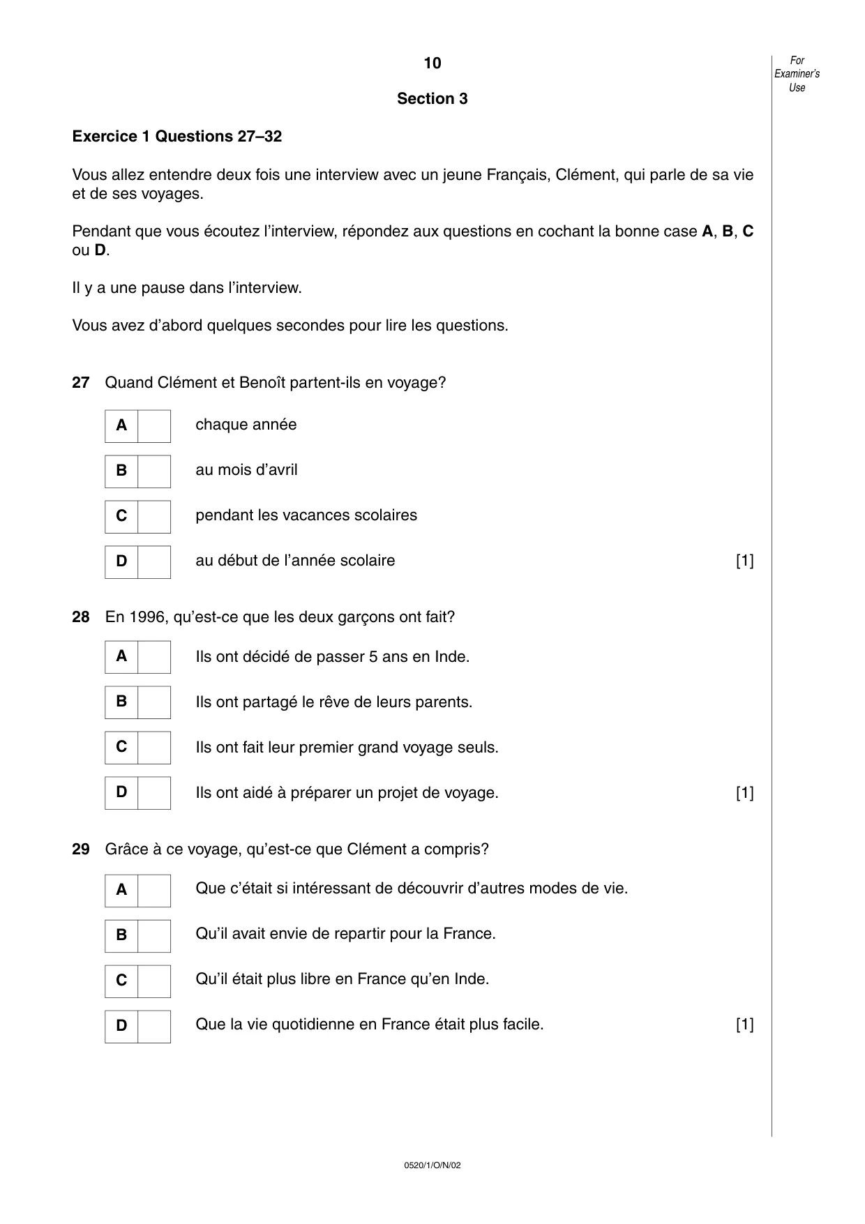 Cambridge IGCSE French - Foreign Language 0520 2002 Oct/Nov Paper 1 · Variant 1 question paper, page 10 of 12