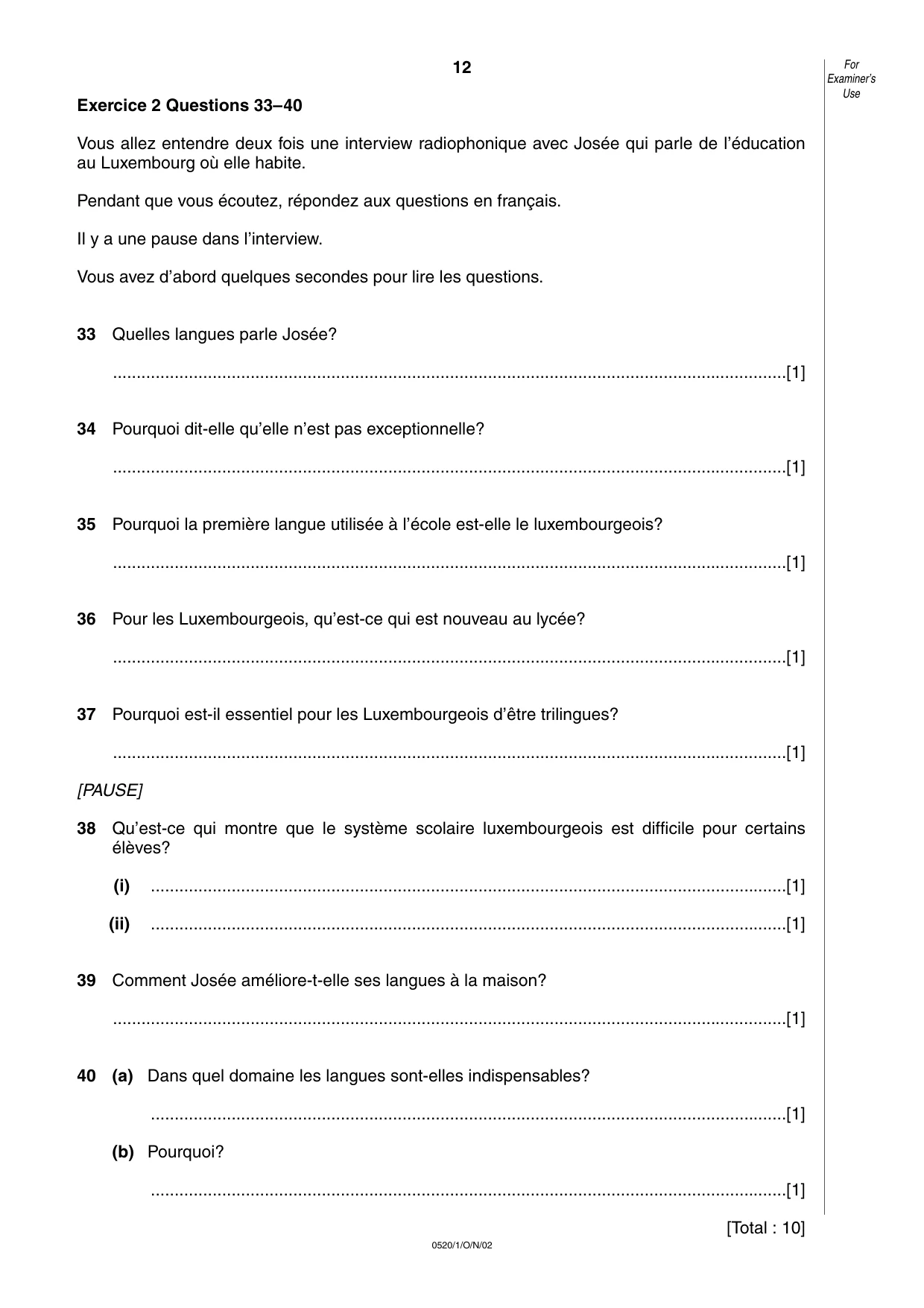 Cambridge IGCSE French - Foreign Language 0520 2002 Oct/Nov Paper 1 · Variant 1 question paper, page 12 of 12