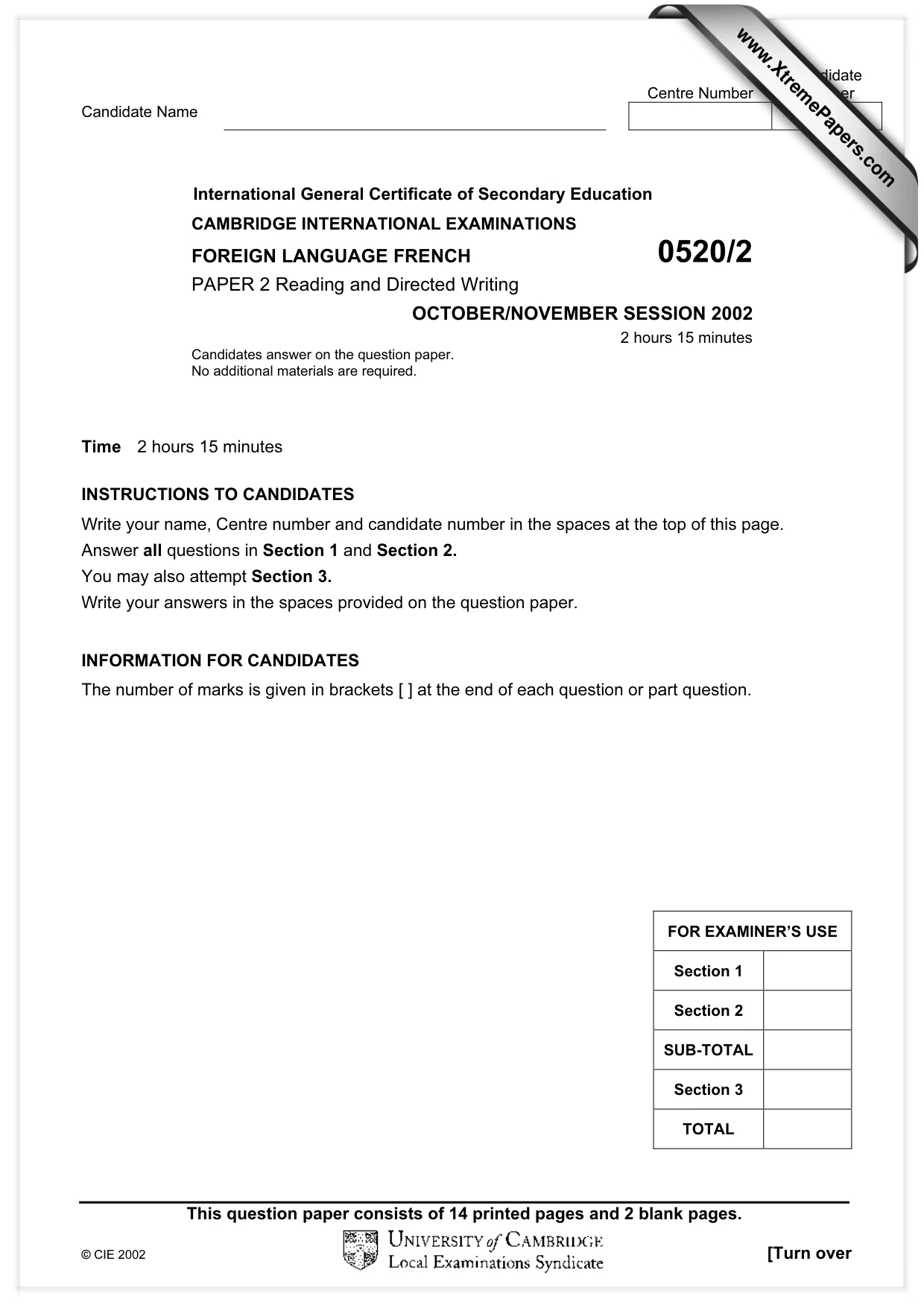 Cambridge IGCSE French - Foreign Language 0520 2002 Oct/Nov Paper 2 · Variant 1 question paper, page 1 of 16
