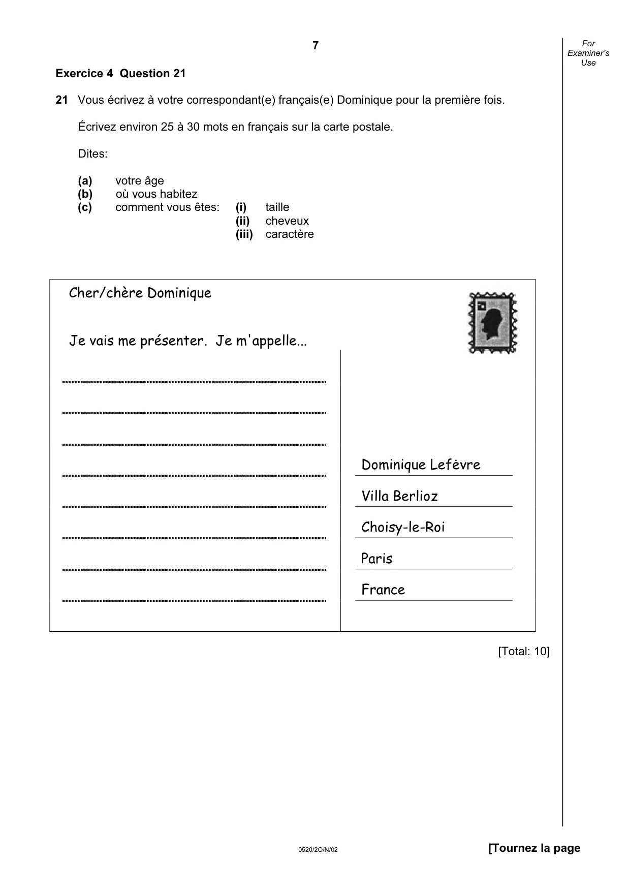 Cambridge IGCSE French - Foreign Language 0520 2002 Oct/Nov Paper 2 · Variant 1 question paper, page 7 of 16