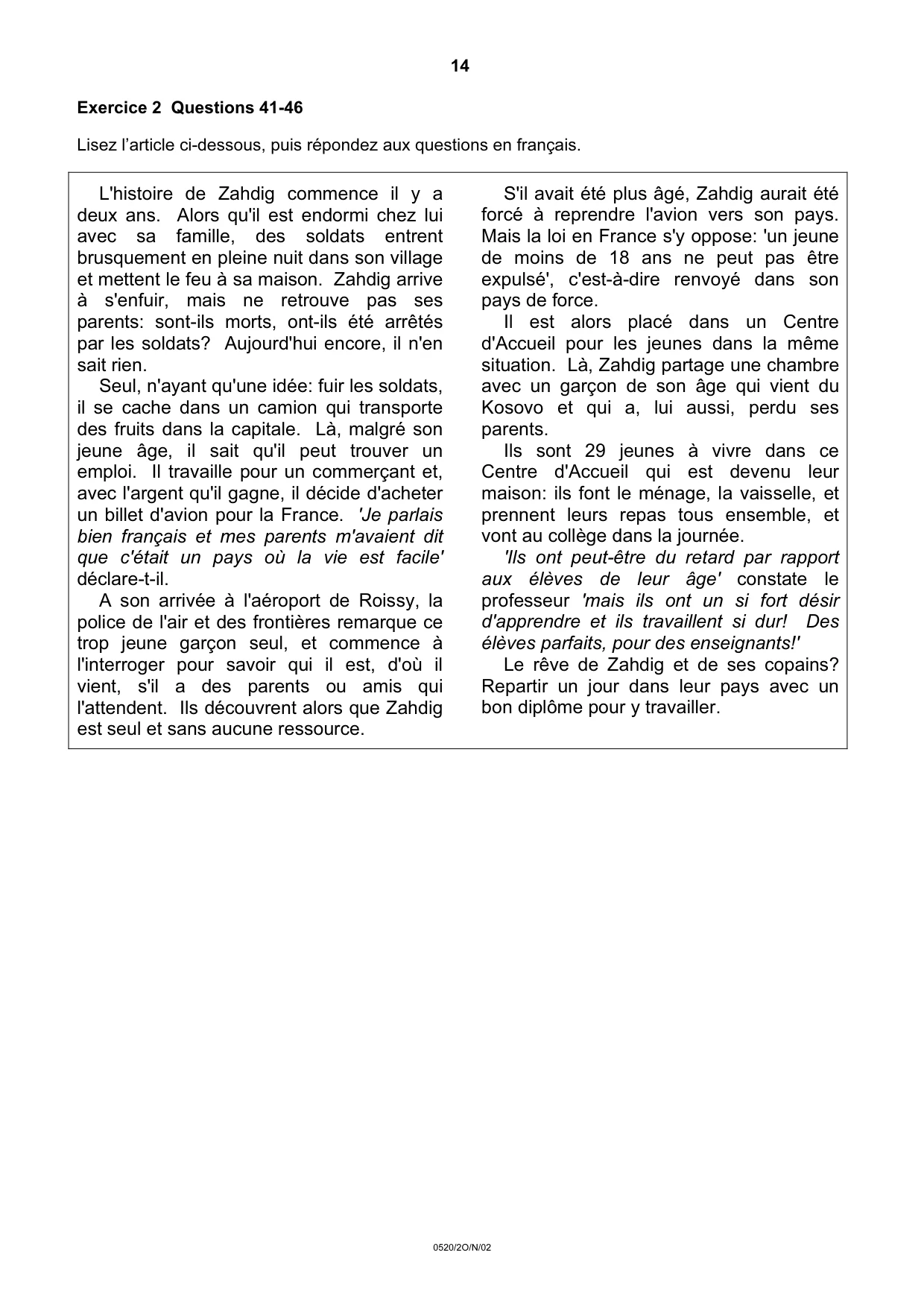 Cambridge IGCSE French - Foreign Language 0520 2002 Oct/Nov Paper 2 · Variant 1 question paper, page 14 of 16