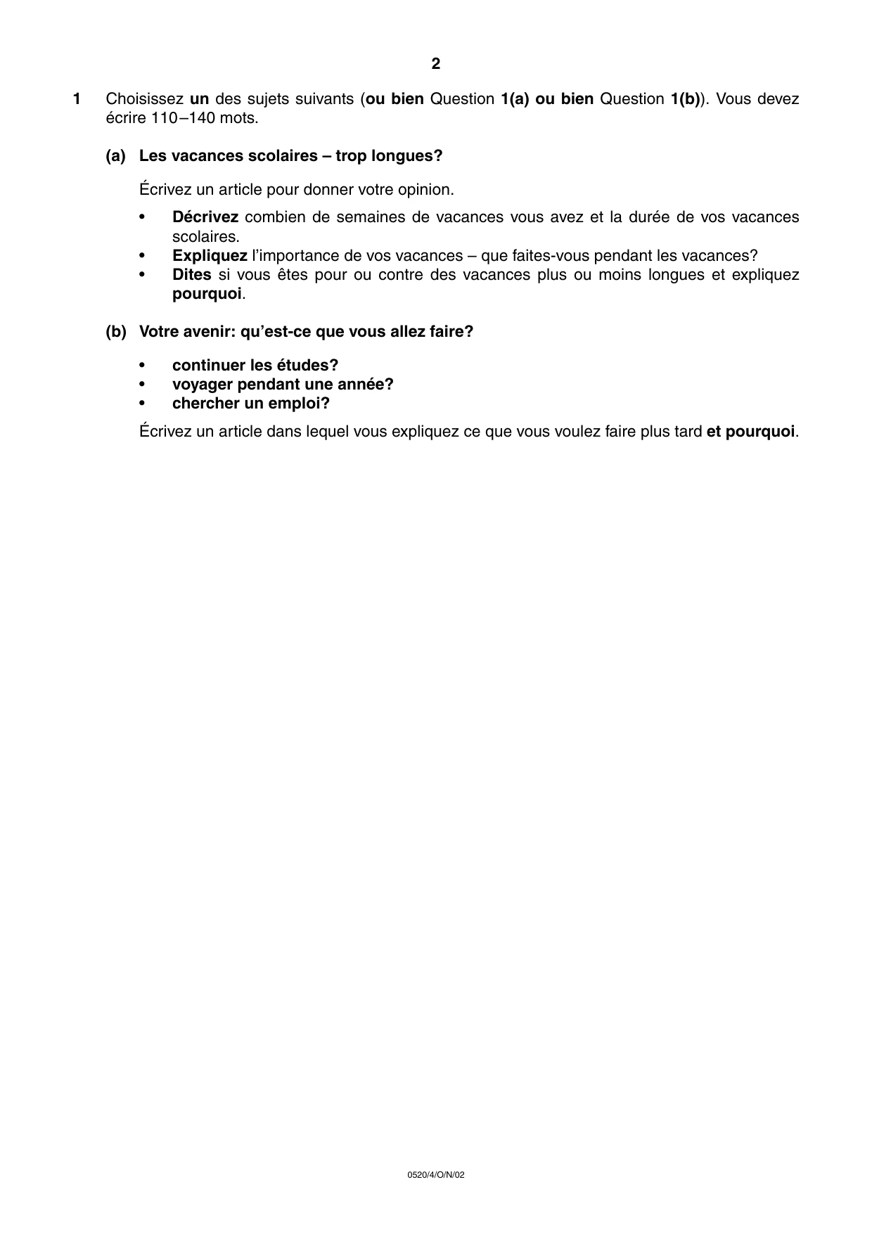Cambridge IGCSE French - Foreign Language 0520 2002 Oct/Nov Paper 4 · Variant 1 question paper, page 2 of 4