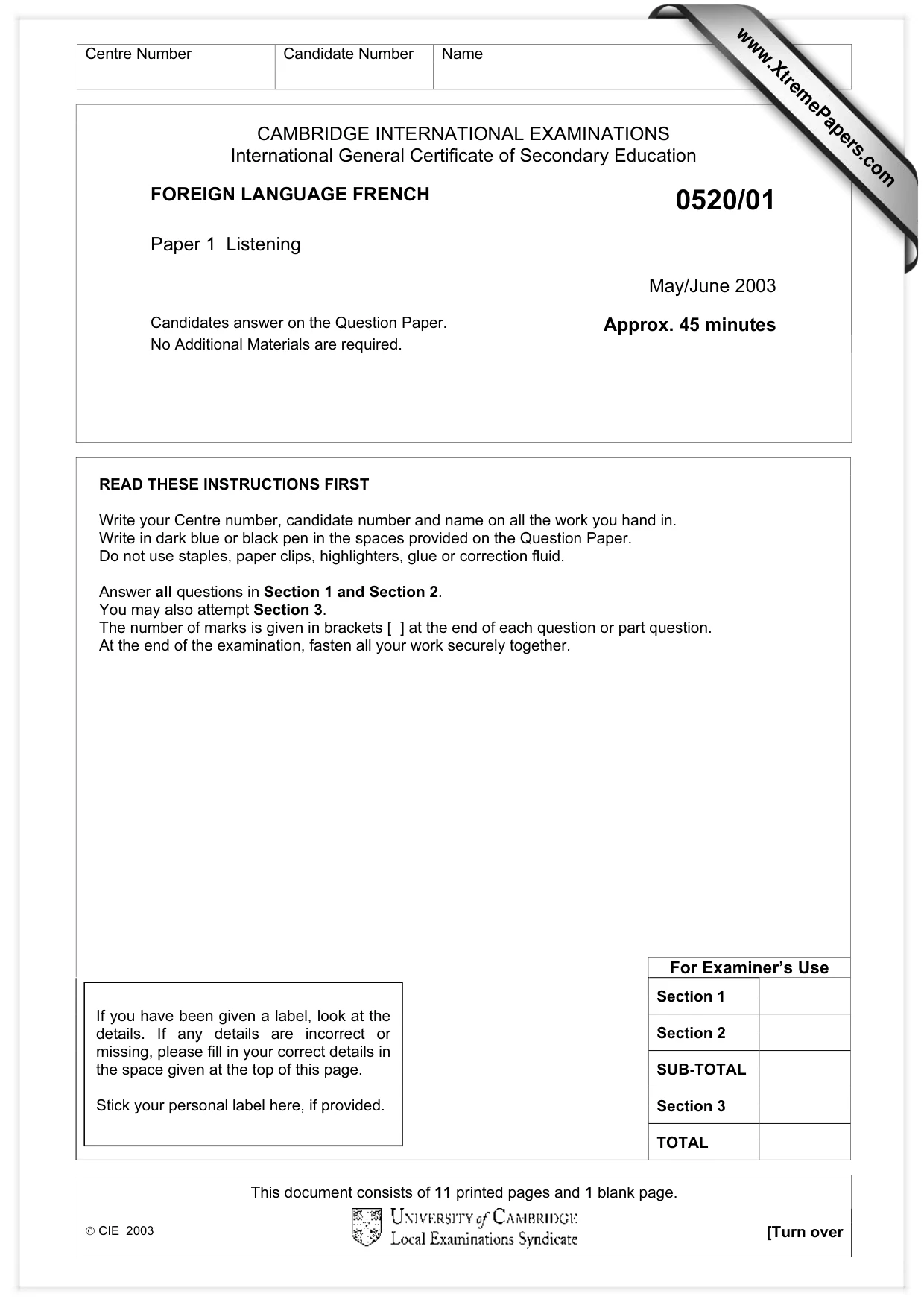 Cambridge IGCSE French - Foreign Language 0520 2003 May/June Paper 1 · Variant 1 question paper, page 1 of 12