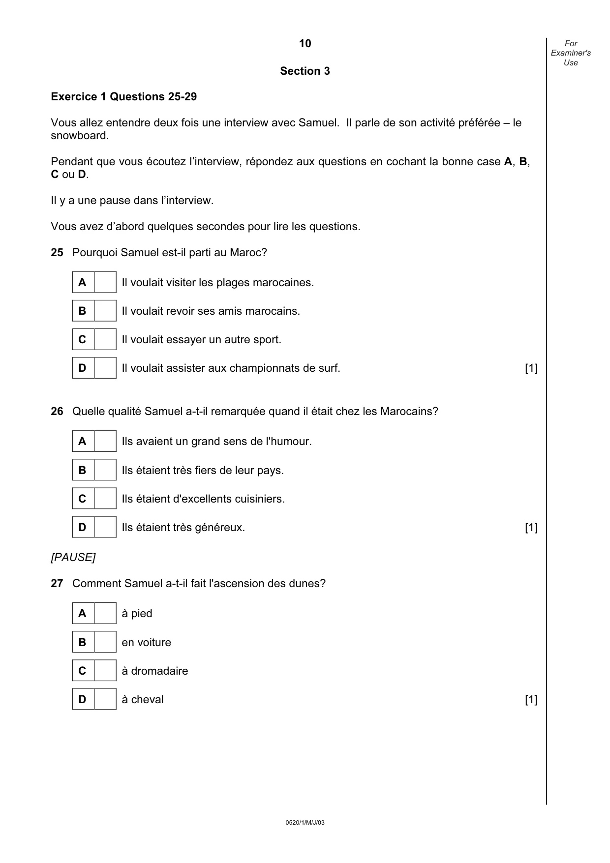 Cambridge IGCSE French - Foreign Language 0520 2003 May/June Paper 1 · Variant 1 question paper, page 10 of 12