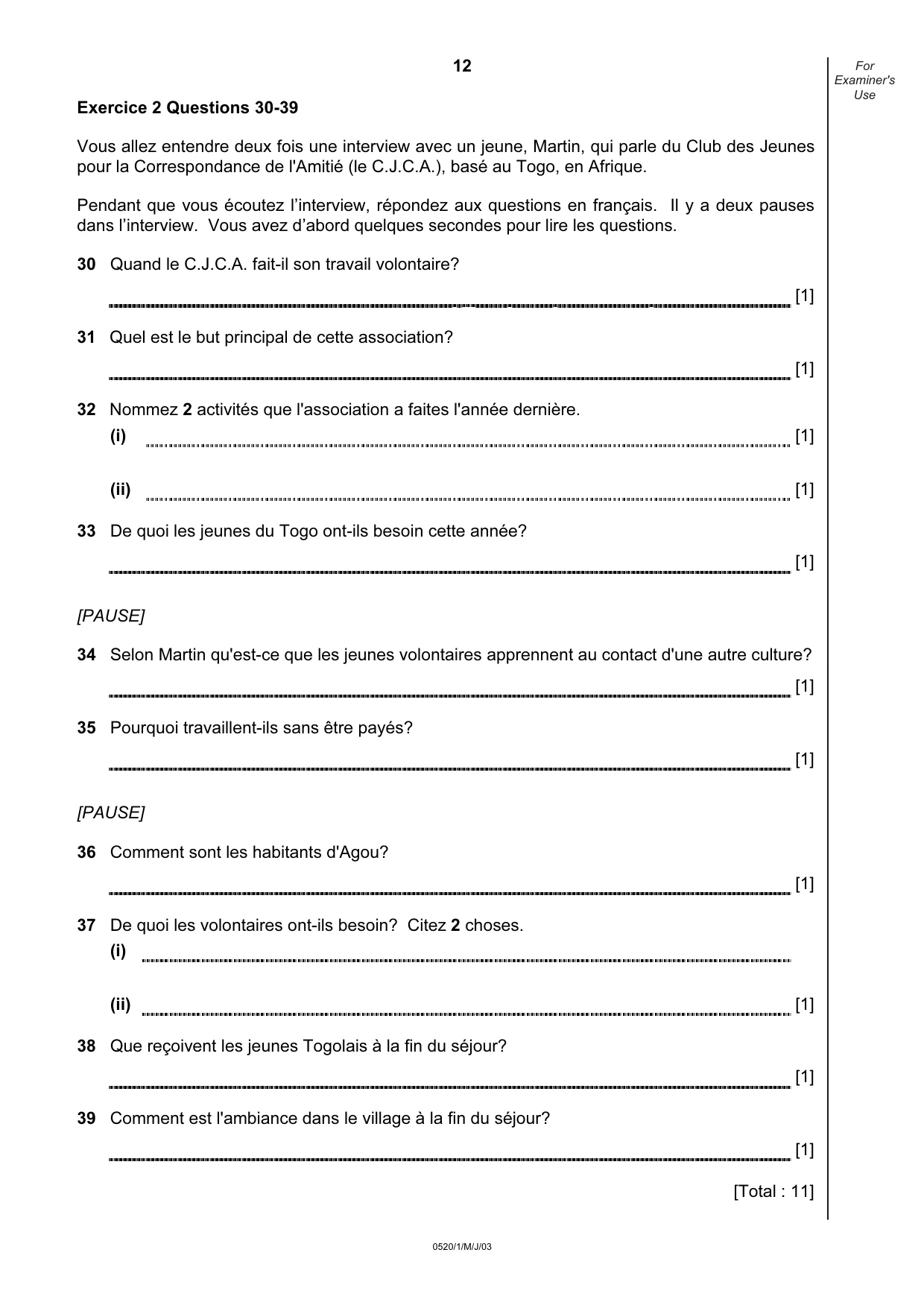 Cambridge IGCSE French - Foreign Language 0520 2003 May/June Paper 1 · Variant 1 question paper, page 12 of 12