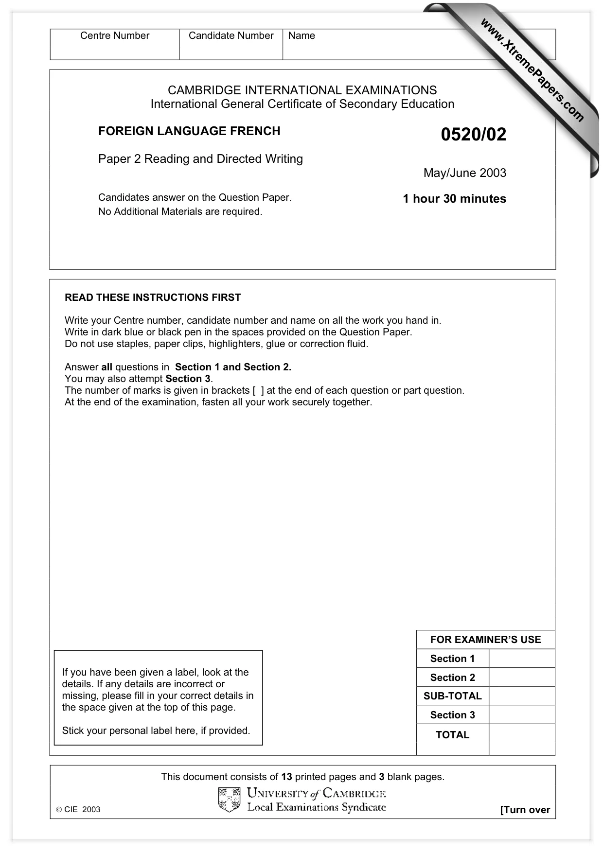 Cambridge IGCSE French - Foreign Language 0520 2003 May/June Paper 2 · Variant 1 question paper, page 1 of 16