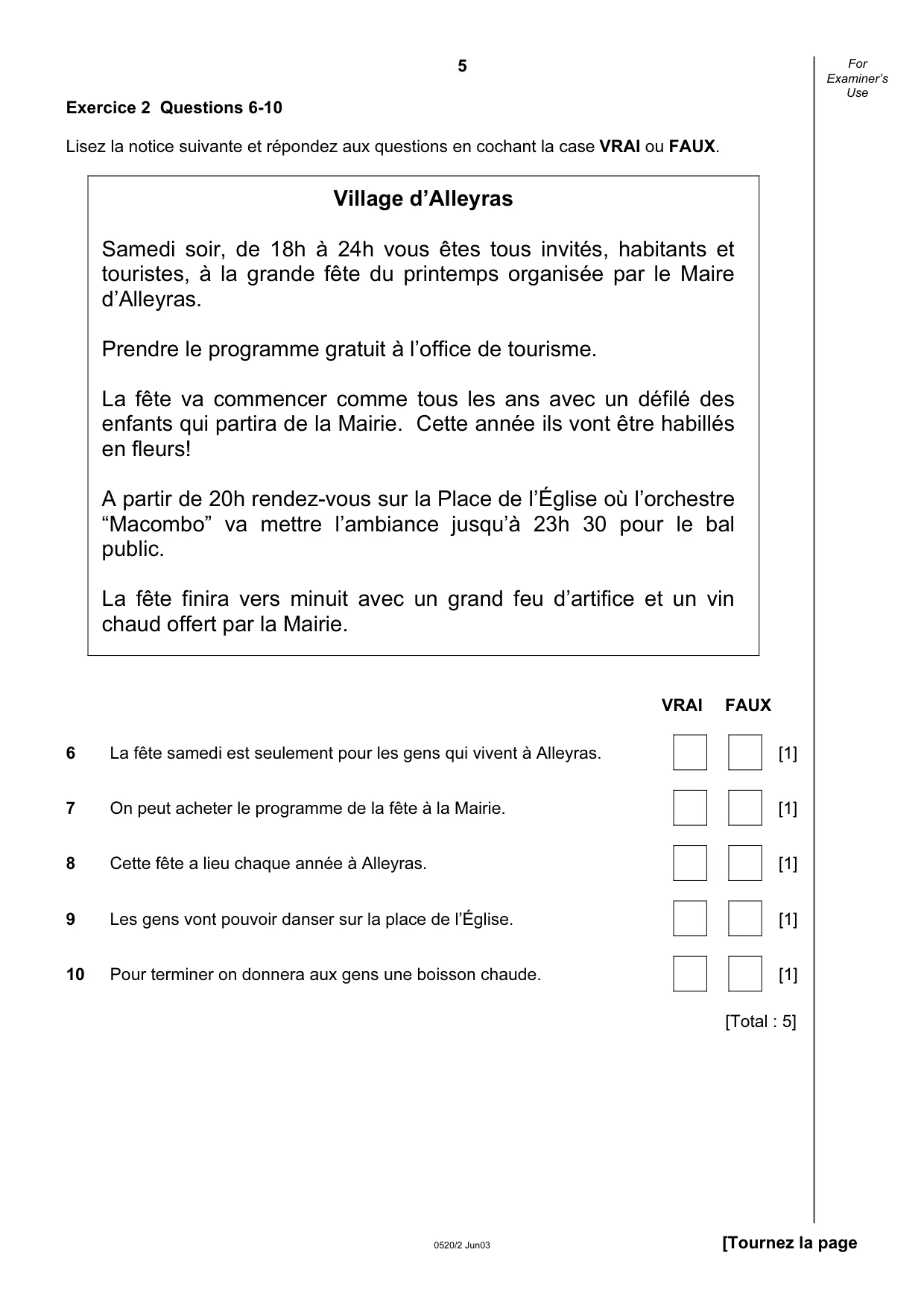 Cambridge IGCSE French - Foreign Language 0520 2003 May/June Paper 2 · Variant 1 question paper, page 5 of 16