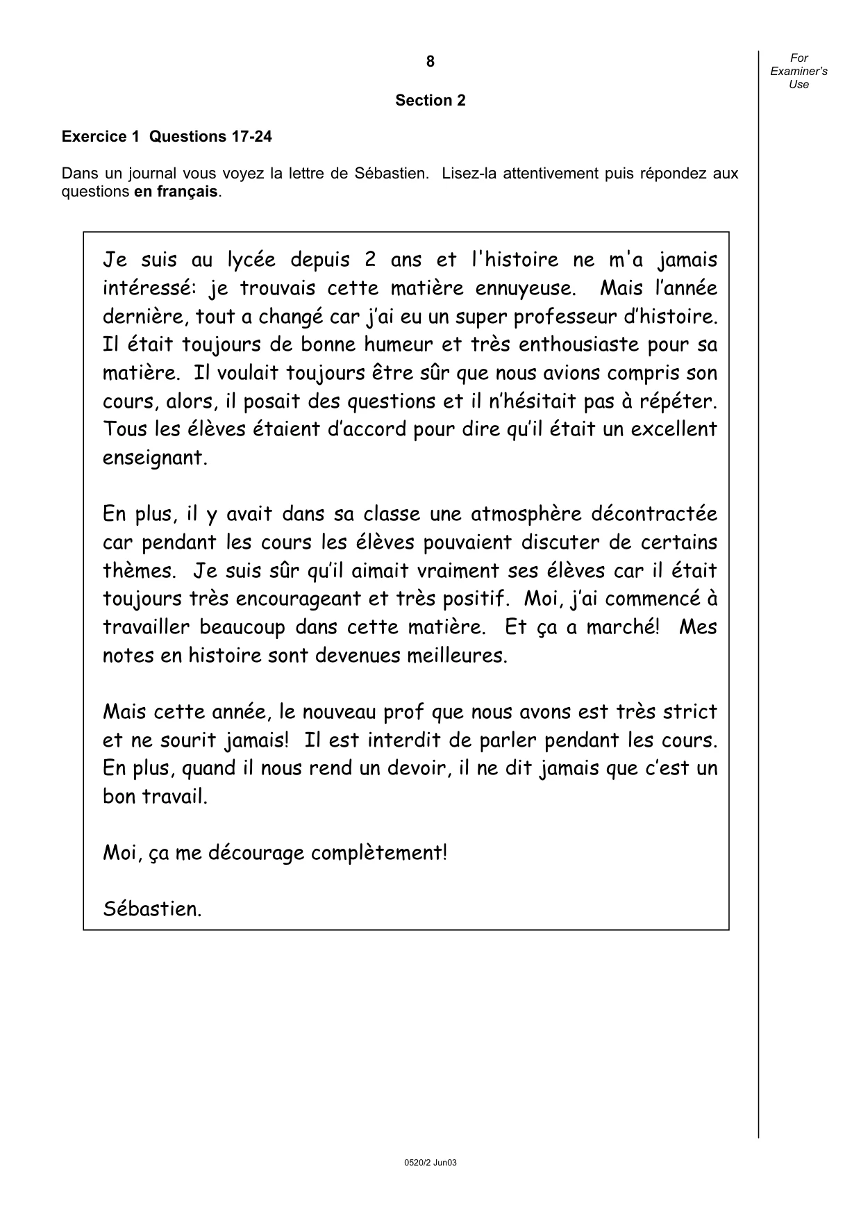 Cambridge IGCSE French - Foreign Language 0520 2003 May/June Paper 2 · Variant 1 question paper, page 8 of 16