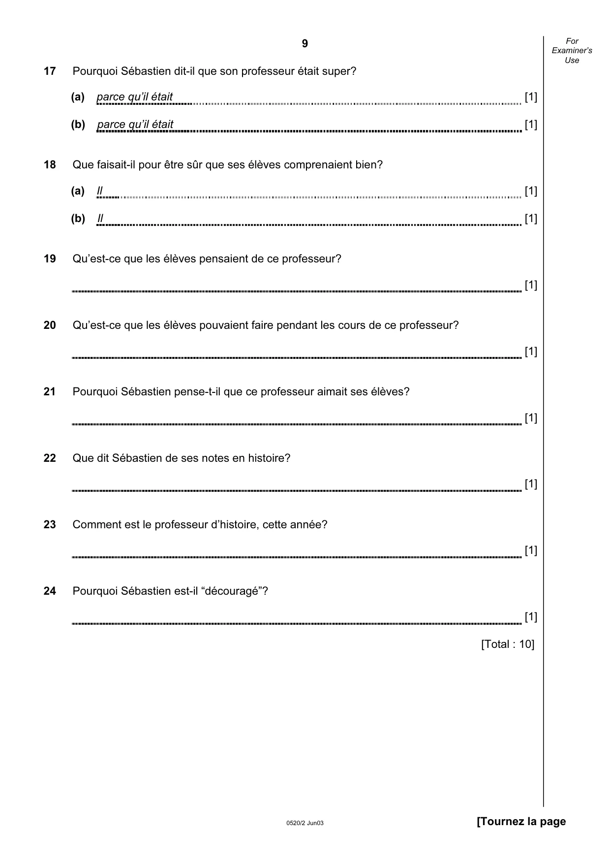 Cambridge IGCSE French - Foreign Language 0520 2003 May/June Paper 2 · Variant 1 question paper, page 9 of 16