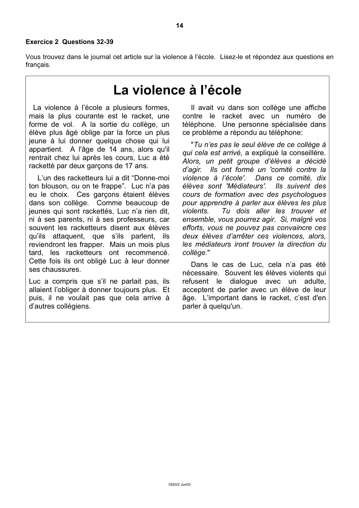 Cambridge IGCSE French - Foreign Language 0520 2003 May/June Paper 2 · Variant 1 question paper, page 14 of 16