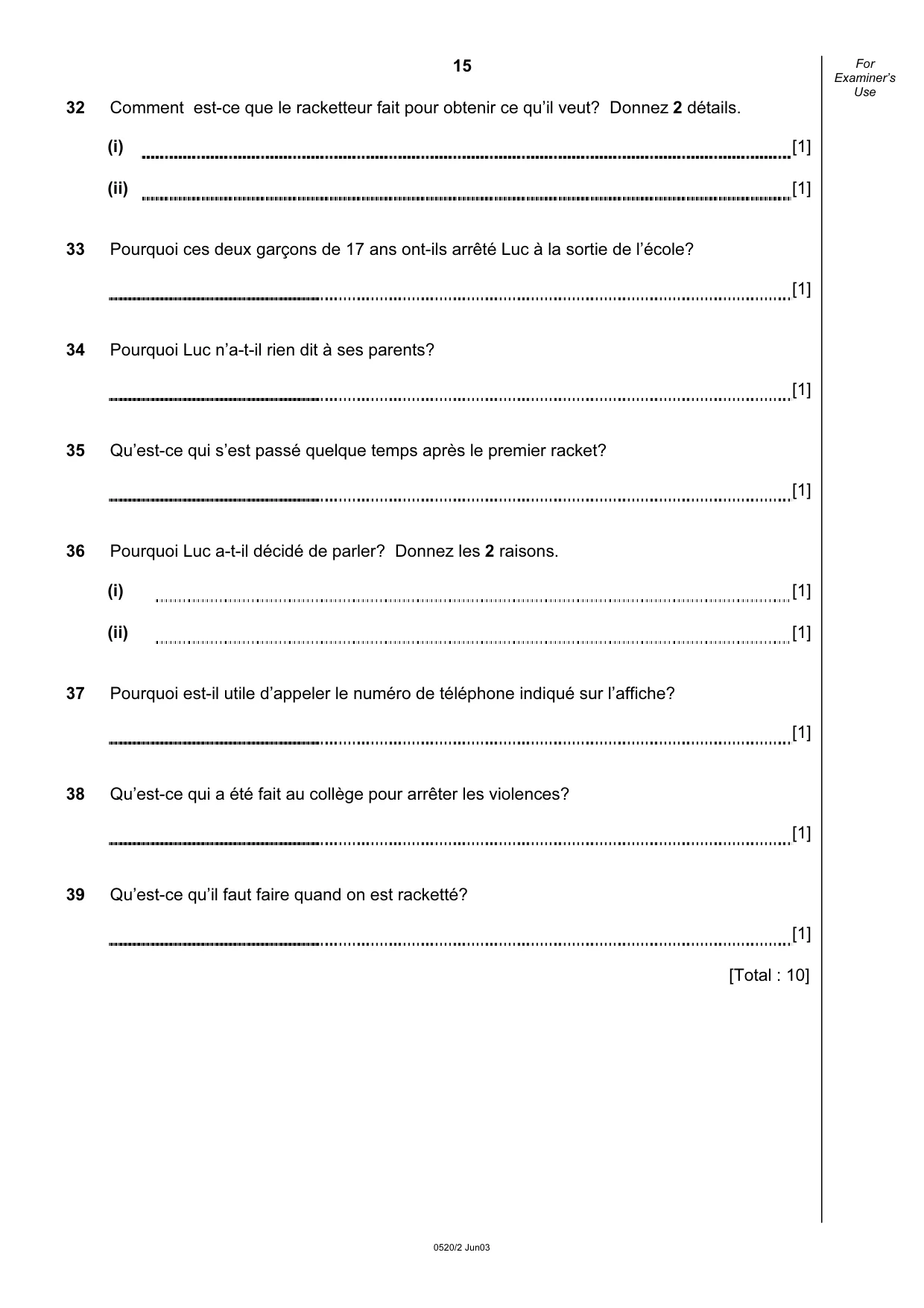 Cambridge IGCSE French - Foreign Language 0520 2003 May/June Paper 2 · Variant 1 question paper, page 15 of 16
