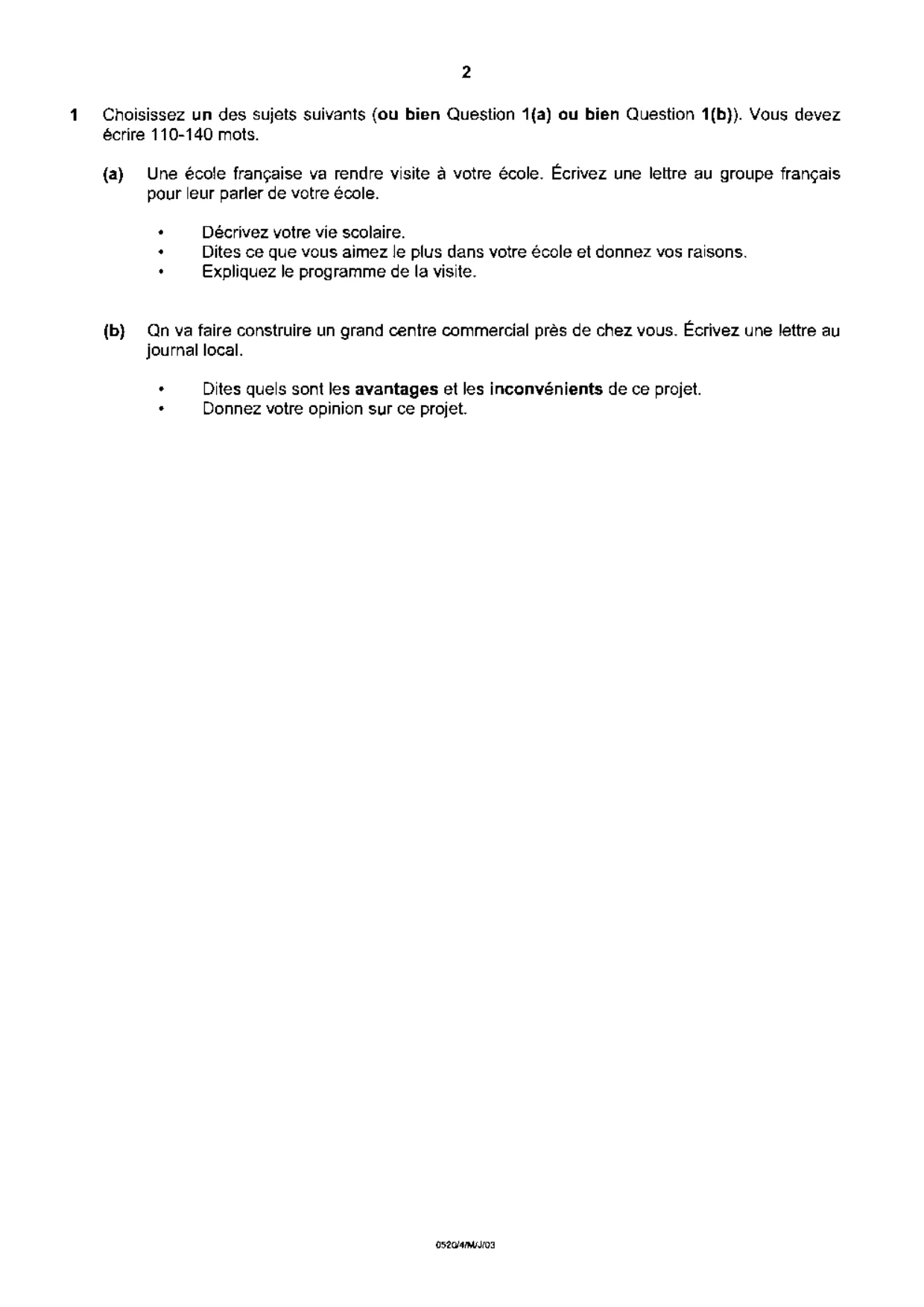 Cambridge IGCSE French - Foreign Language 0520 2003 May/June Paper 4 · Variant 1 question paper, page 2 of 4
