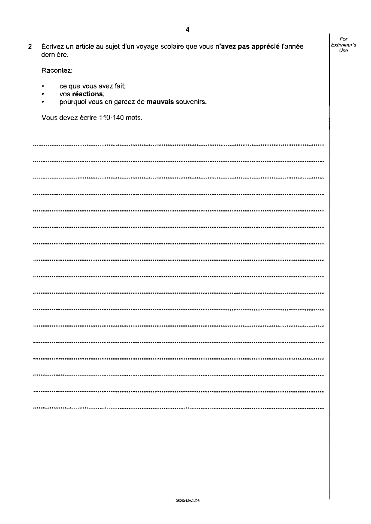 Cambridge IGCSE French - Foreign Language 0520 2003 May/June Paper 4 · Variant 1 question paper, page 4 of 4
