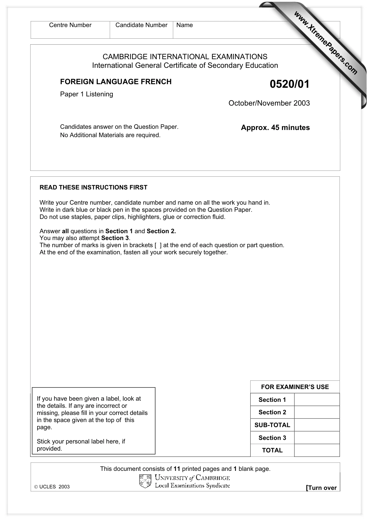 Cambridge IGCSE French - Foreign Language 0520 2003 Oct/Nov Paper 1 · Variant 1 question paper, page 1 of 12