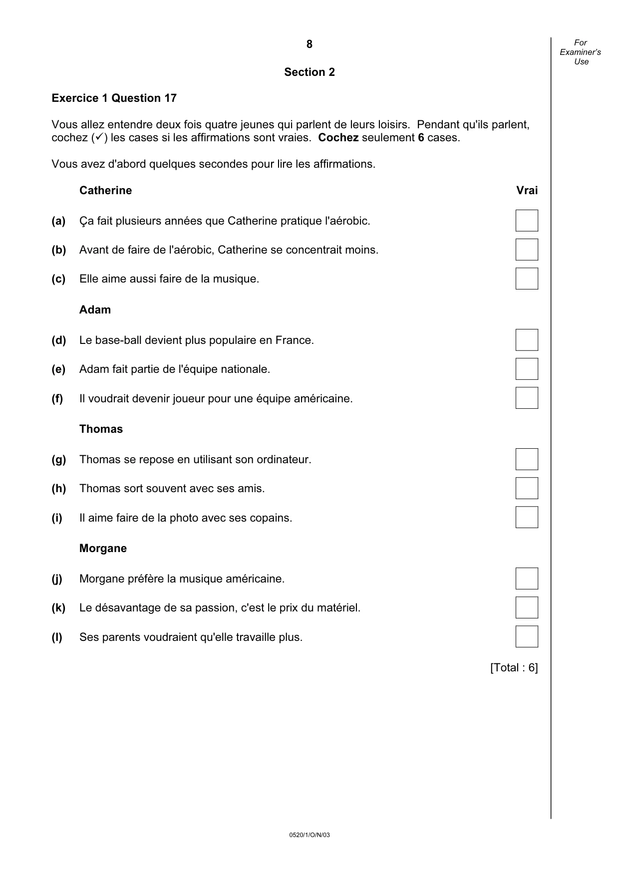 Cambridge IGCSE French - Foreign Language 0520 2003 Oct/Nov Paper 1 · Variant 1 question paper, page 8 of 12