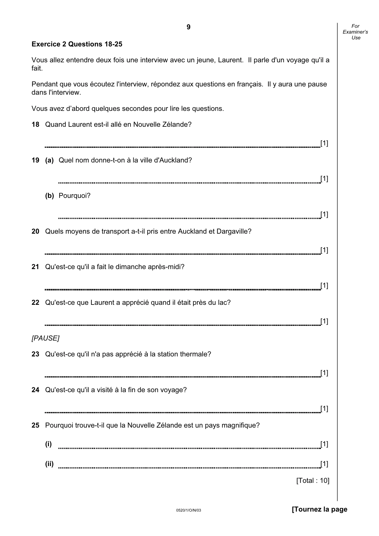 Cambridge IGCSE French - Foreign Language 0520 2003 Oct/Nov Paper 1 · Variant 1 question paper, page 9 of 12