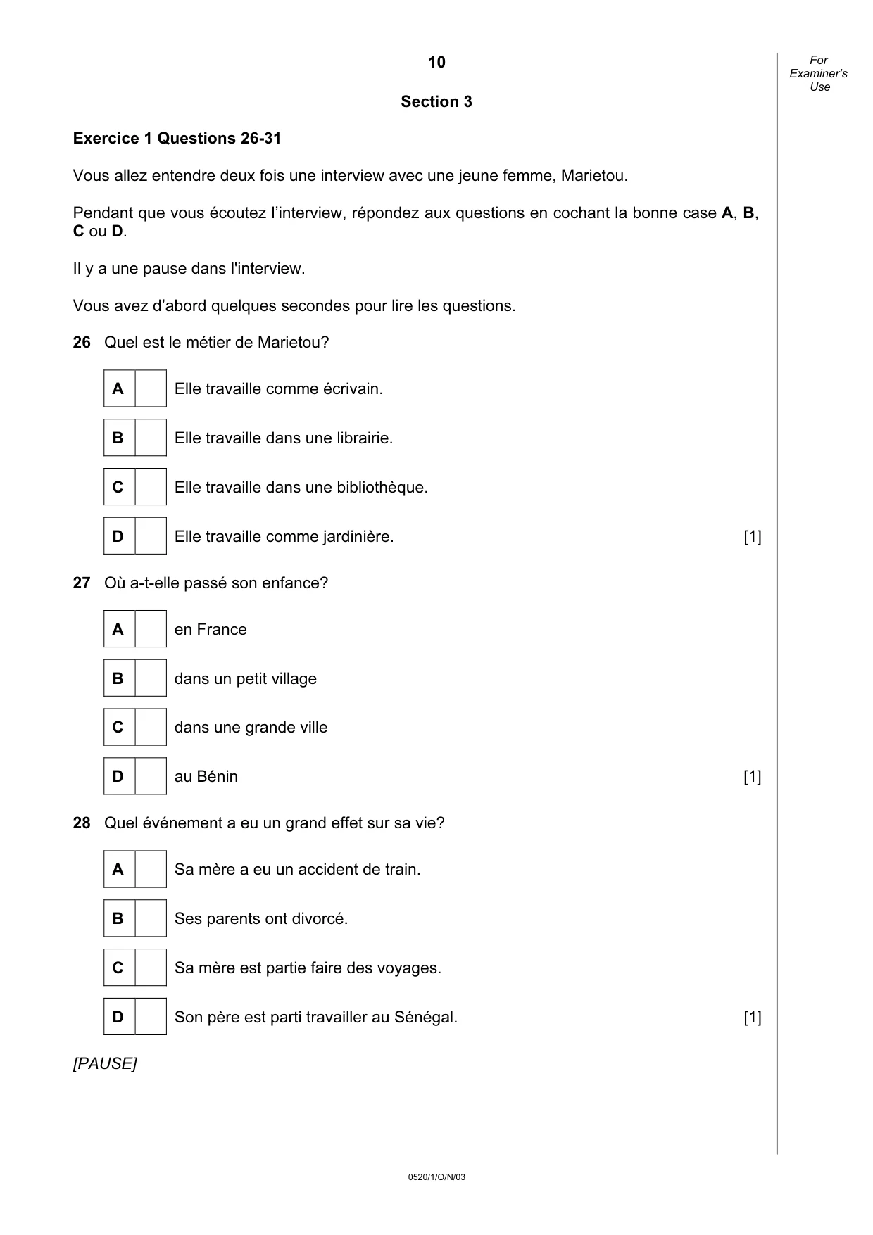 Cambridge IGCSE French - Foreign Language 0520 2003 Oct/Nov Paper 1 · Variant 1 question paper, page 10 of 12