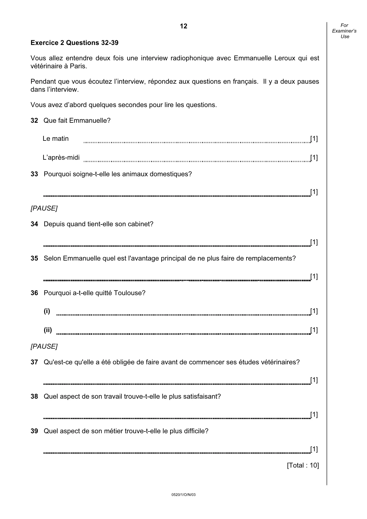 Cambridge IGCSE French - Foreign Language 0520 2003 Oct/Nov Paper 1 · Variant 1 question paper, page 12 of 12