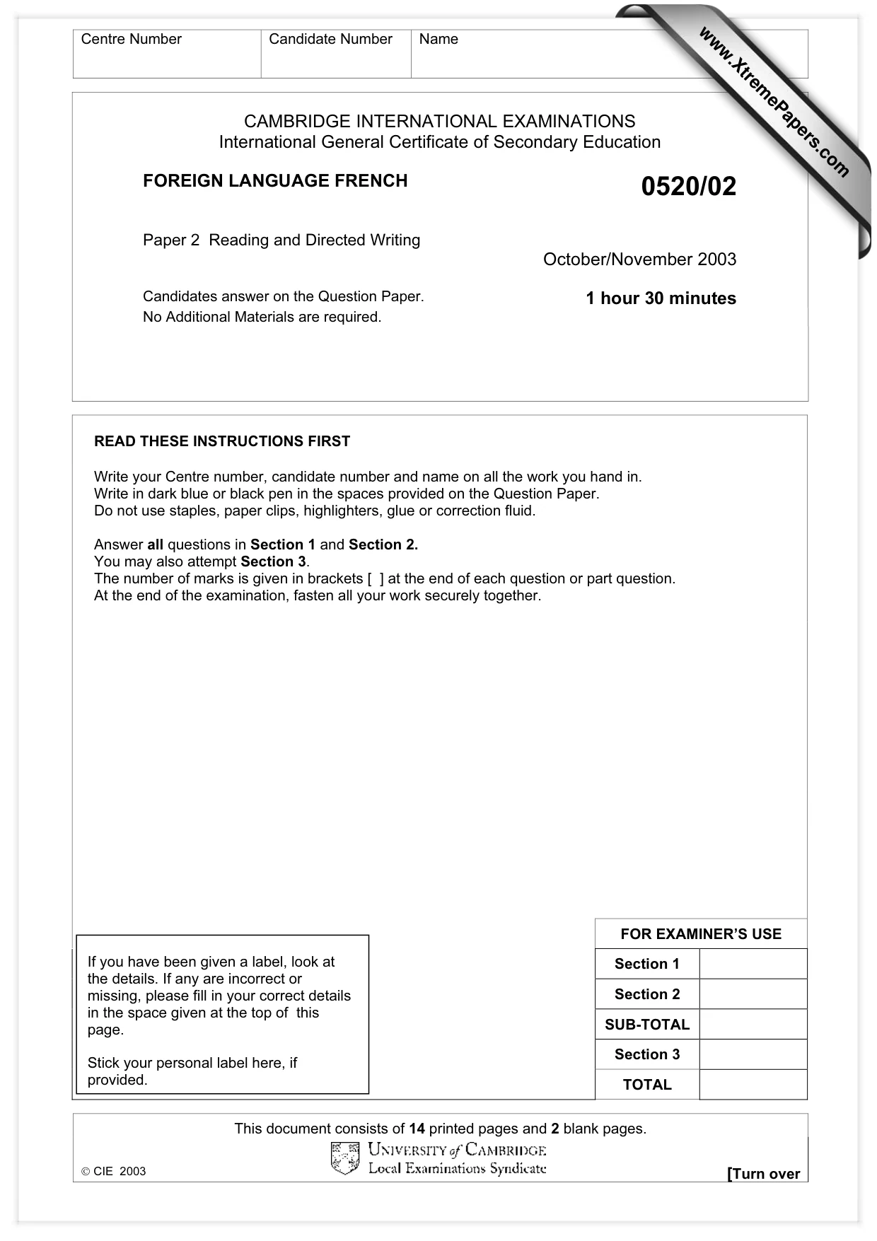 Cambridge IGCSE French - Foreign Language 0520 2003 Oct/Nov Paper 2 · Variant 1 question paper, page 1 of 16