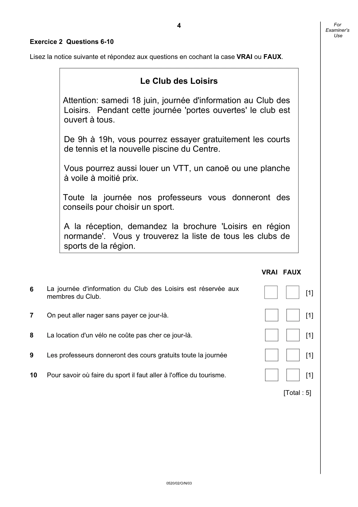 Cambridge IGCSE French - Foreign Language 0520 2003 Oct/Nov Paper 2 · Variant 1 question paper, page 4 of 16