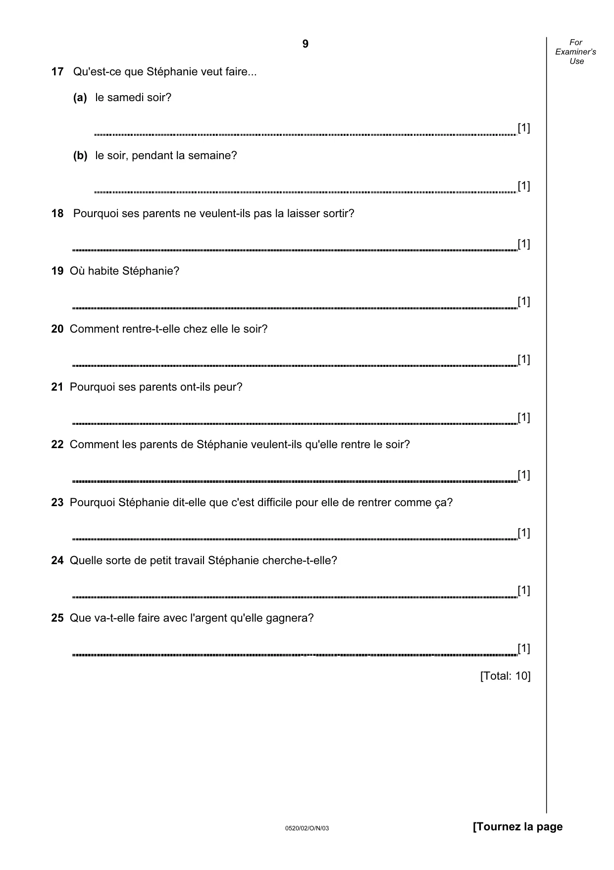 Cambridge IGCSE French - Foreign Language 0520 2003 Oct/Nov Paper 2 · Variant 1 question paper, page 9 of 16