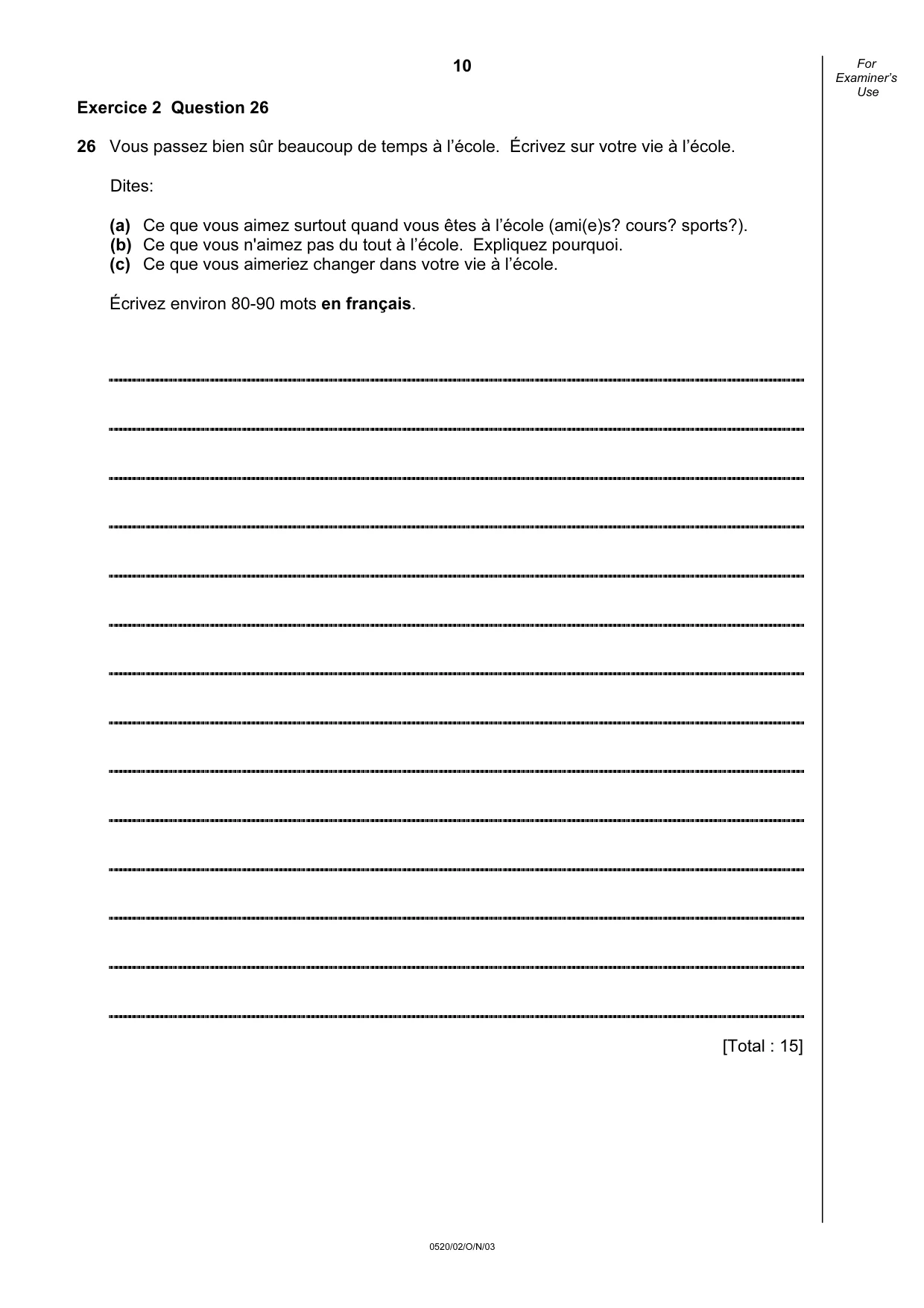 Cambridge IGCSE French - Foreign Language 0520 2003 Oct/Nov Paper 2 · Variant 1 question paper, page 10 of 16