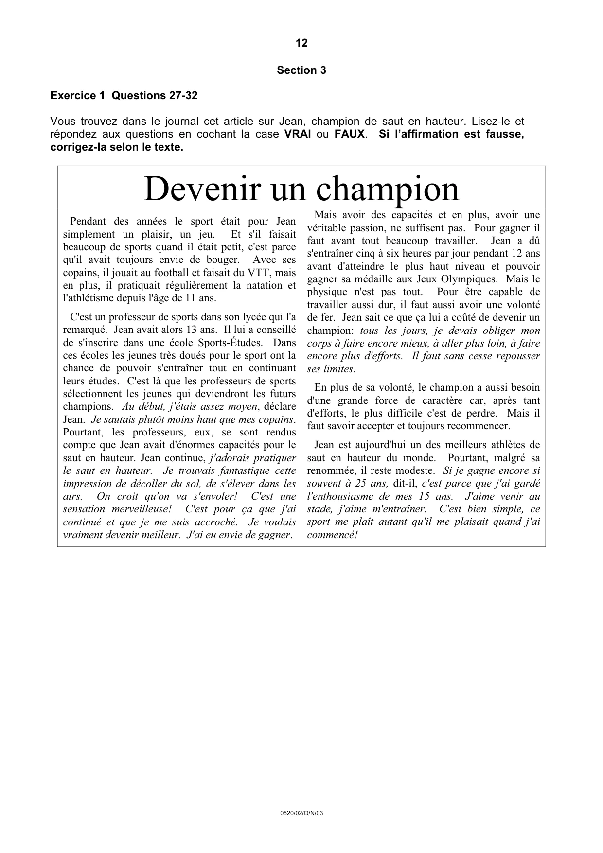 Cambridge IGCSE French - Foreign Language 0520 2003 Oct/Nov Paper 2 · Variant 1 question paper, page 12 of 16