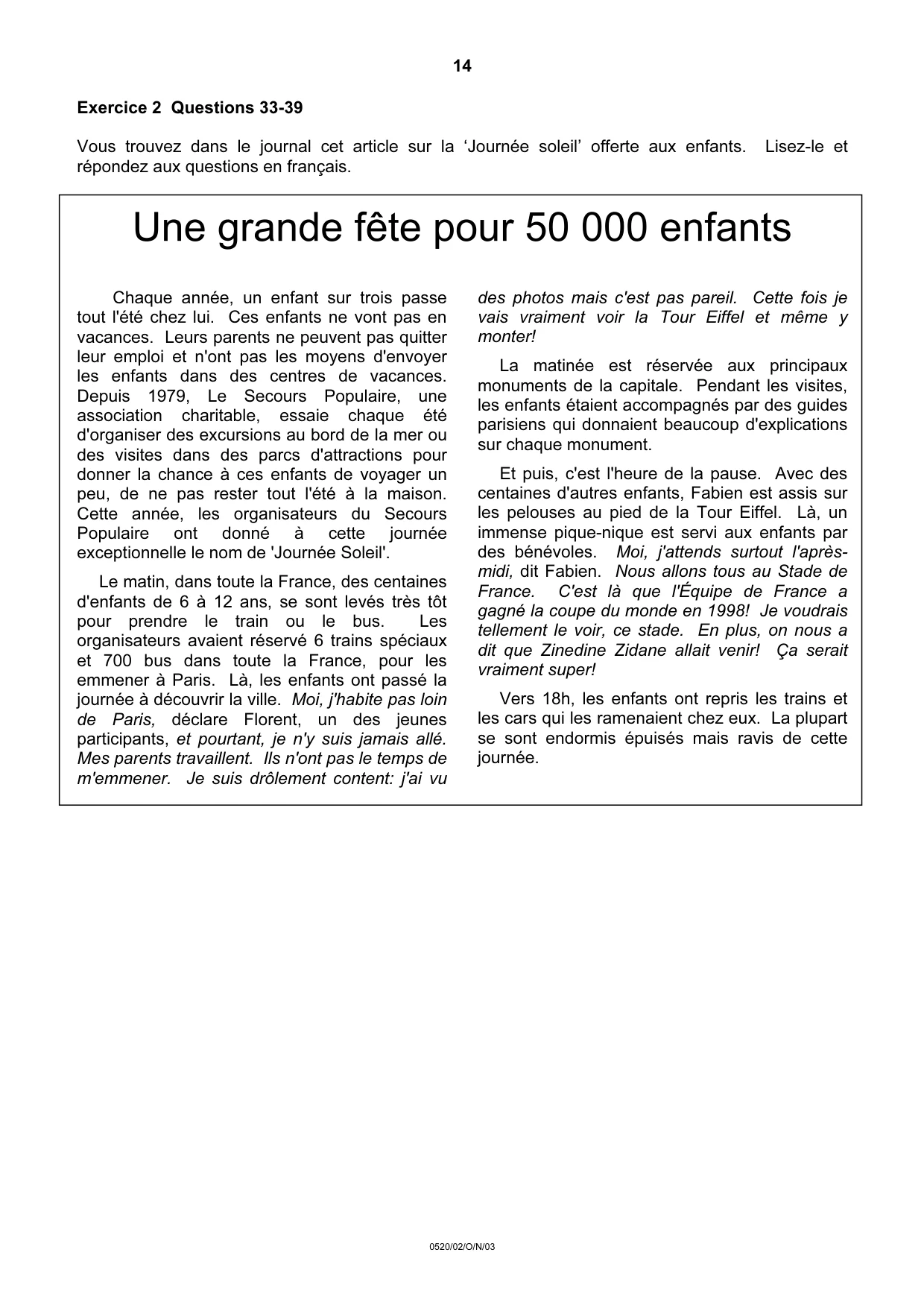 Cambridge IGCSE French - Foreign Language 0520 2003 Oct/Nov Paper 2 · Variant 1 question paper, page 14 of 16