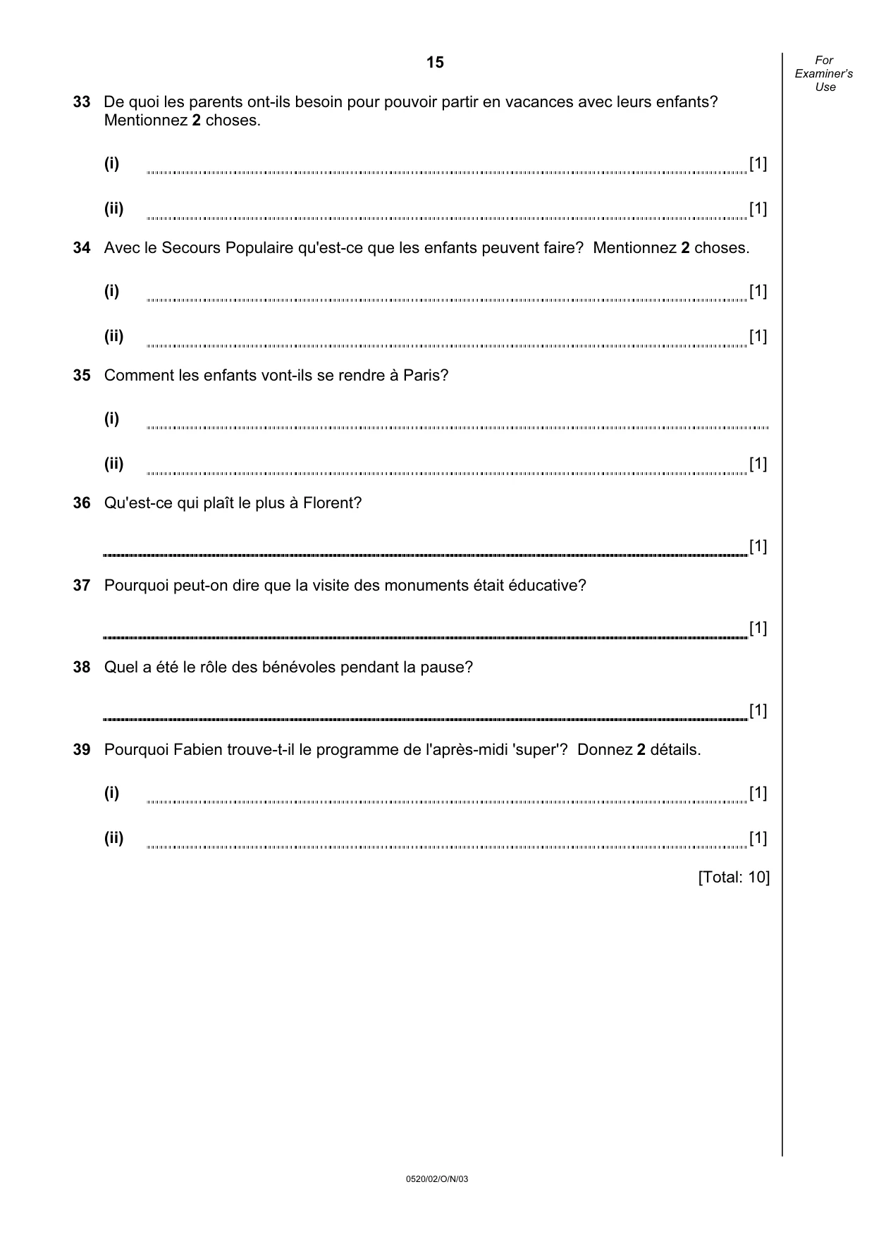 Cambridge IGCSE French - Foreign Language 0520 2003 Oct/Nov Paper 2 · Variant 1 question paper, page 15 of 16