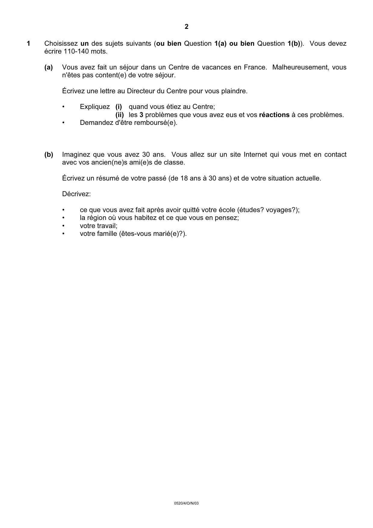 Cambridge IGCSE French - Foreign Language 0520 2003 Oct/Nov Paper 4 · Variant 1 question paper, page 2 of 4